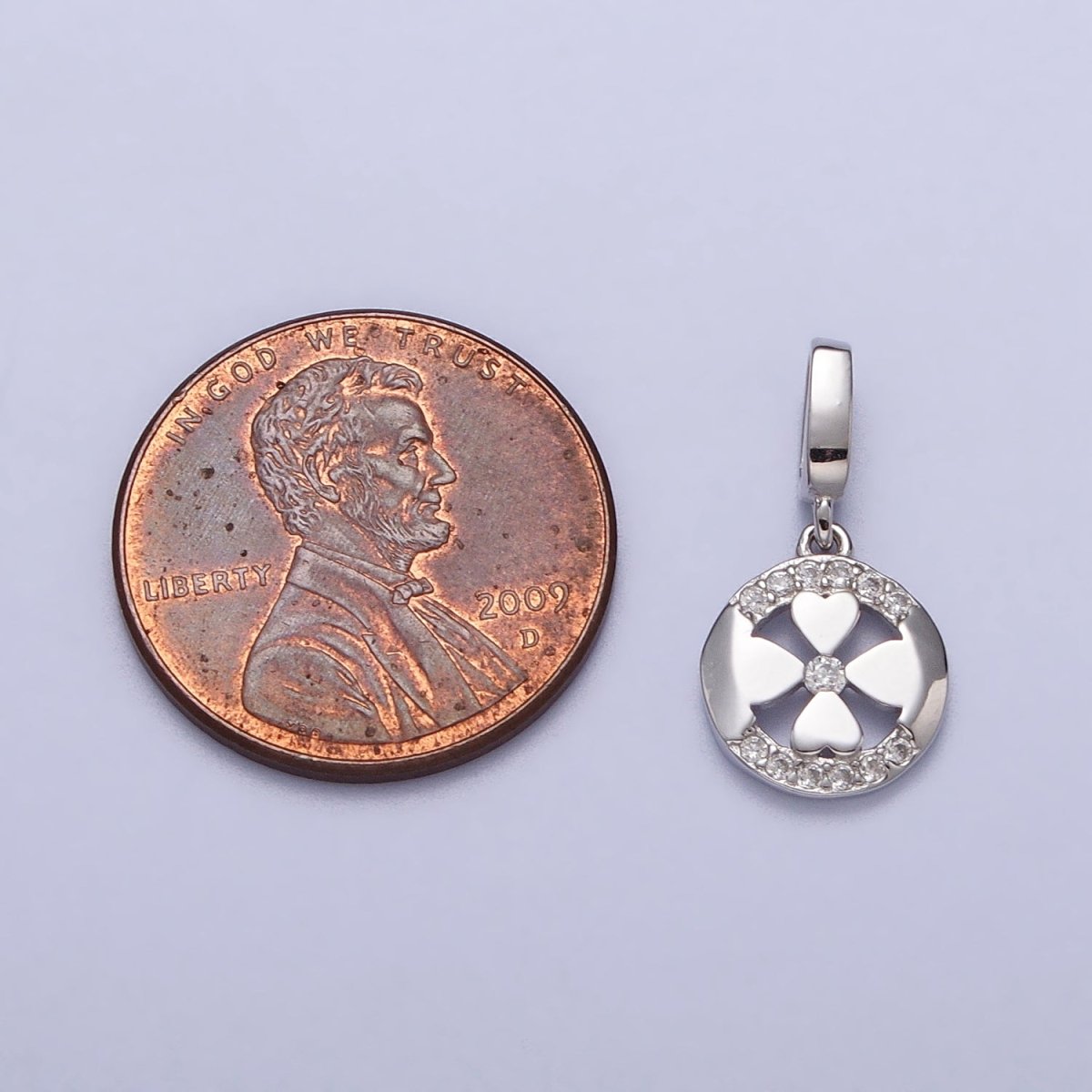 Mini S925 Sterling Silver Clover Charm Micro Pave Round Coin Lucky Four Leaf Pendant SL-390 - DLUXCA