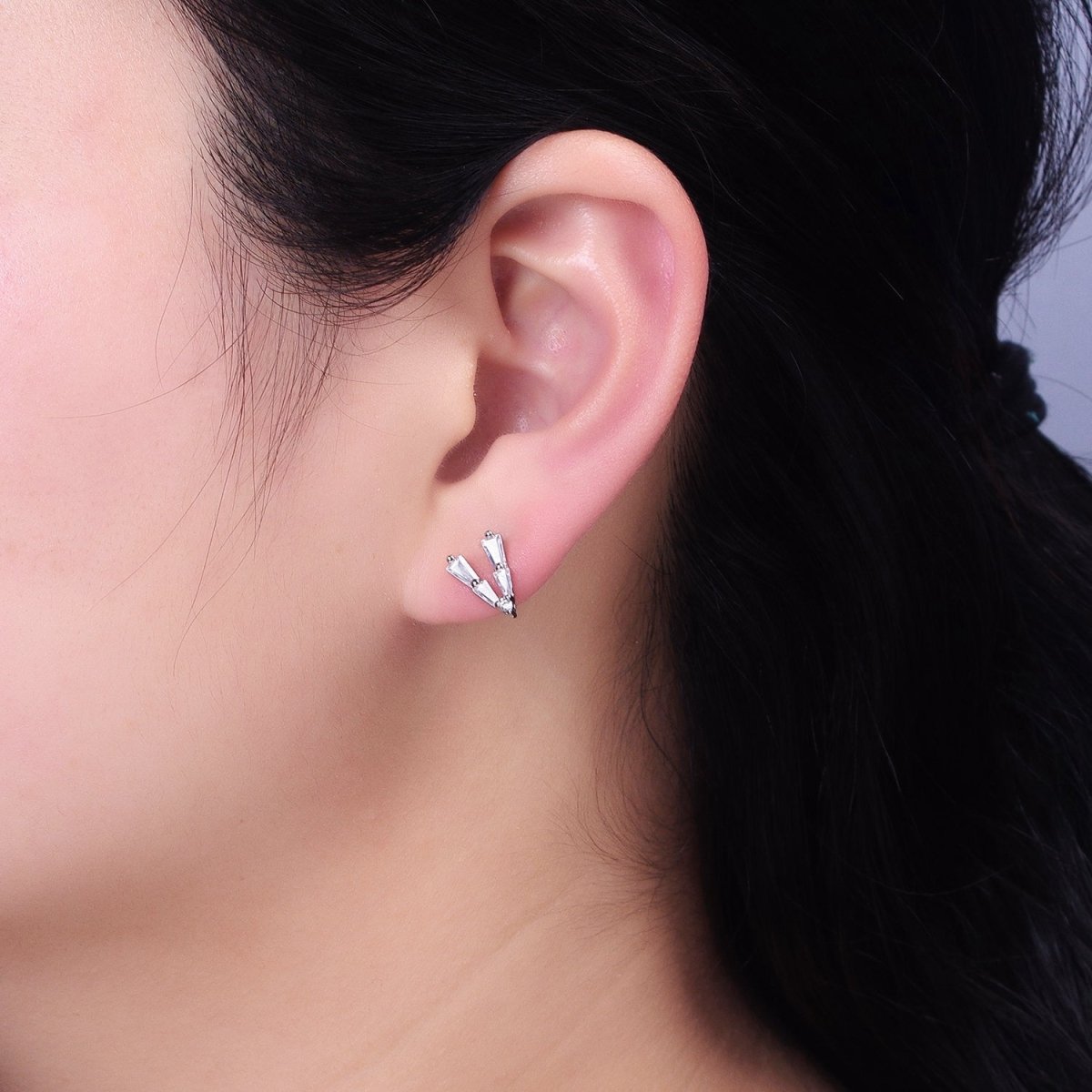 Mini V shaped Baguette Stud Earring in Gold Silver AB593 AB962 - DLUXCA