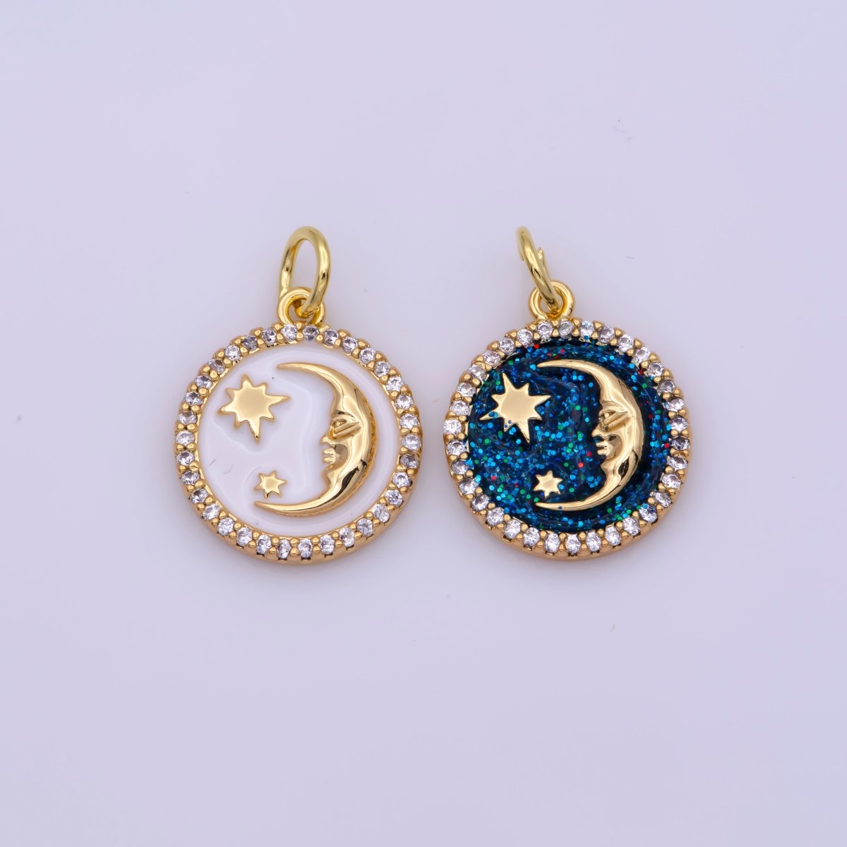 Mini White Blue Celestial Charm Enamel Moon and Star Charms with Micro Pave Coin Base Moon Charms Jewelry Supplies N-204 N-205 - DLUXCA