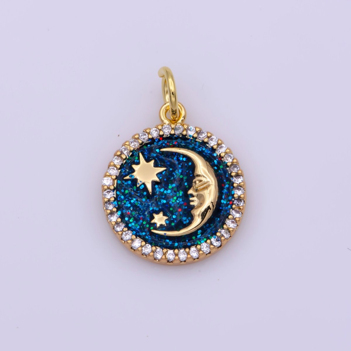 Mini White Blue Celestial Charm Enamel Moon and Star Charms with Micro Pave Coin Base Moon Charms Jewelry Supplies N-204 N-205 - DLUXCA