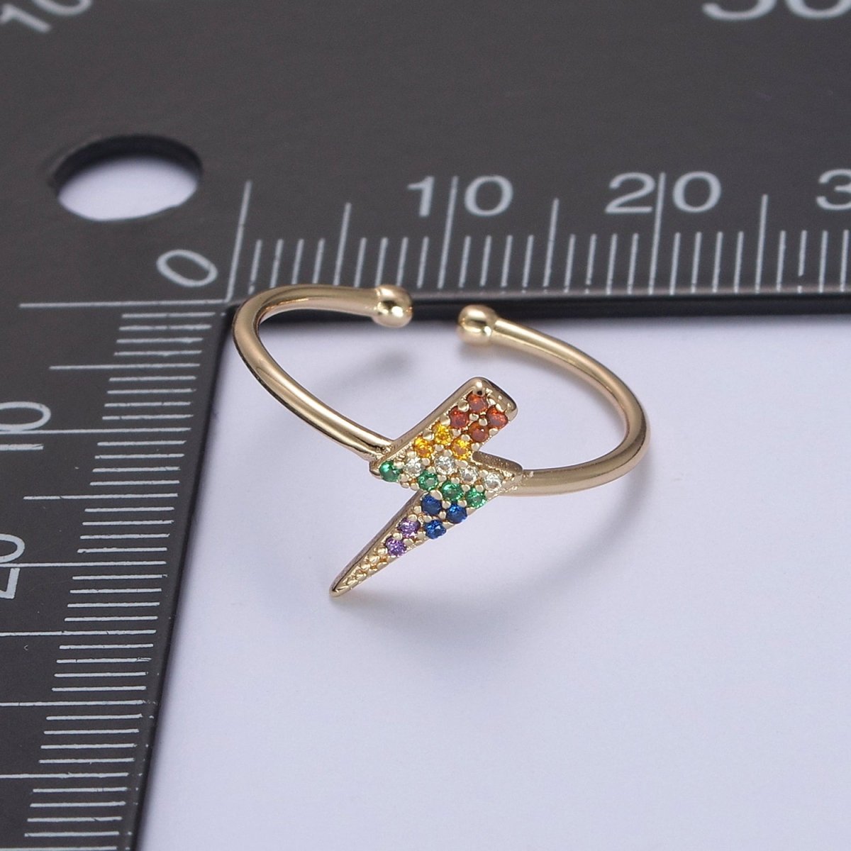 Minimalist 16K Gold Filled Lightning Bolt Rainbow Crystal Zirconia CZ Adjustable Ring U-417 - DLUXCA
