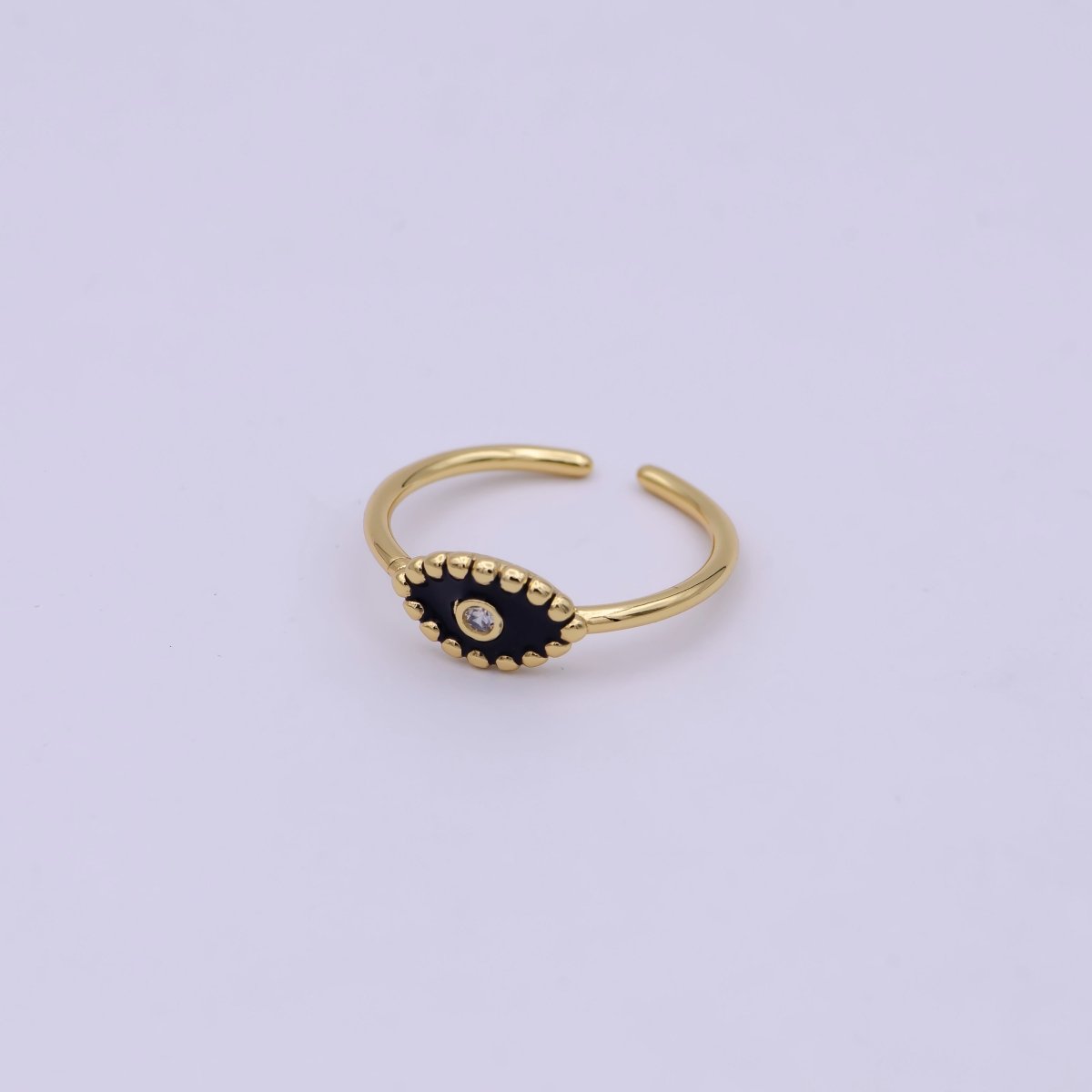 Minimalist 24K Gold Filled Beaded Evil Eye with Crystal Zirconia CZ Adjustable Ring, Navy Blue White Black Enamel Ring | U-404-U-406 - DLUXCA