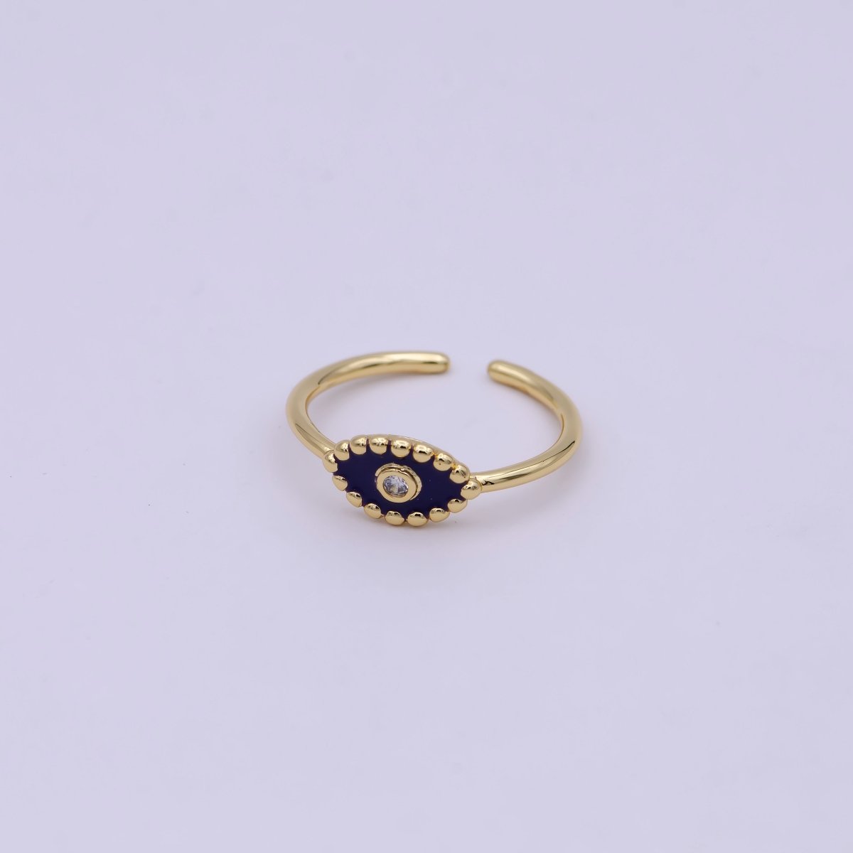 Minimalist 24K Gold Filled Beaded Evil Eye with Crystal Zirconia CZ Adjustable Ring, Navy Blue White Black Enamel Ring | U-404-U-406 - DLUXCA