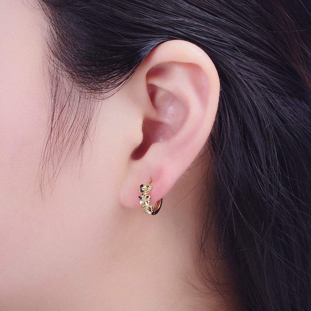 Minimalist 24K Gold Filled Flower Cubic Zirconia Huggie Hoops Earring T-104 - DLUXCA