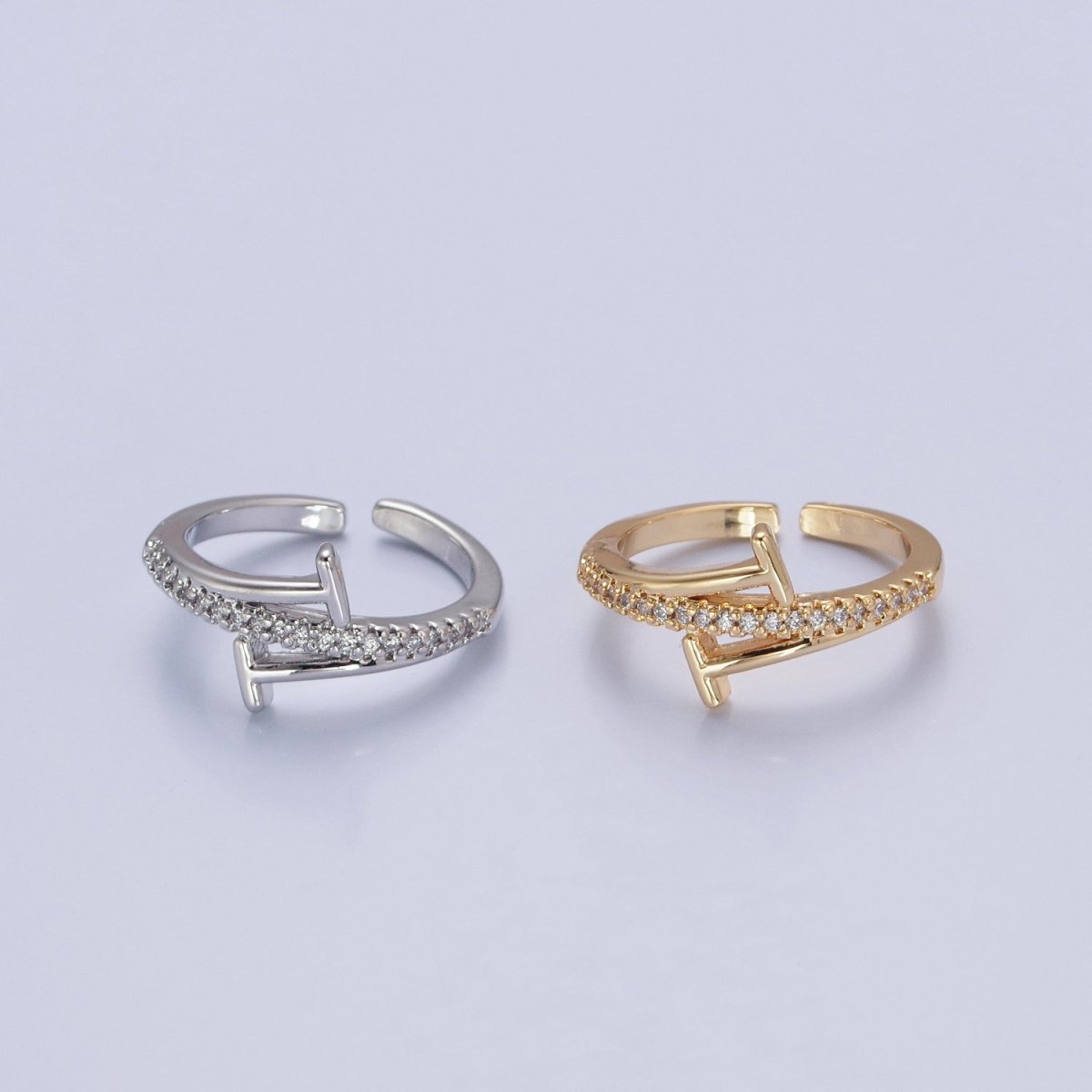 Minimalist 24K Gold Filled Micro Pave CZ Open T Ring in Silver & Gold O-2285 O-2286 - DLUXCA