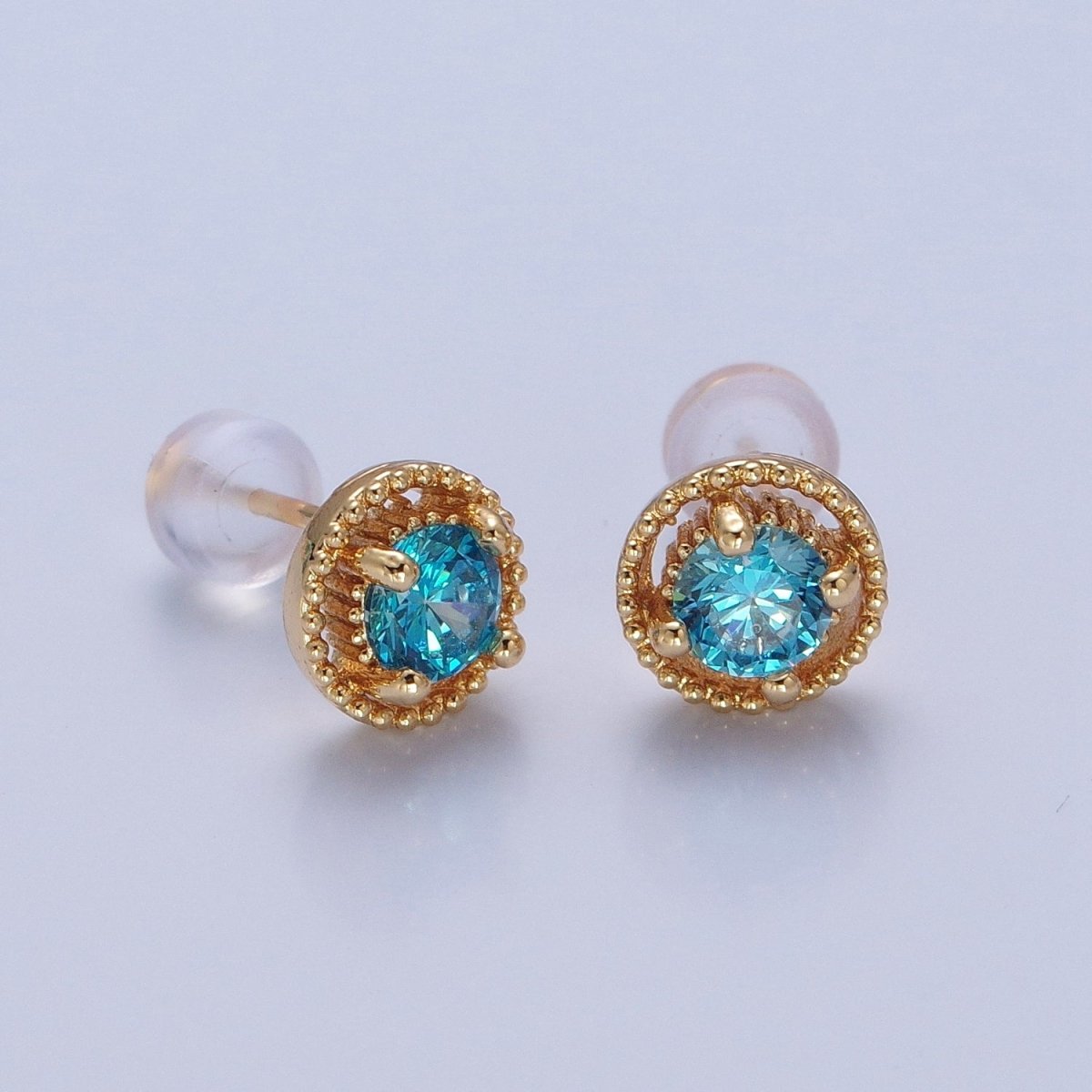 Minimalist 24K Gold Filled Multicolor Round Cubic Zirconia Stud Earrings, V423-V31 - DLUXCA
