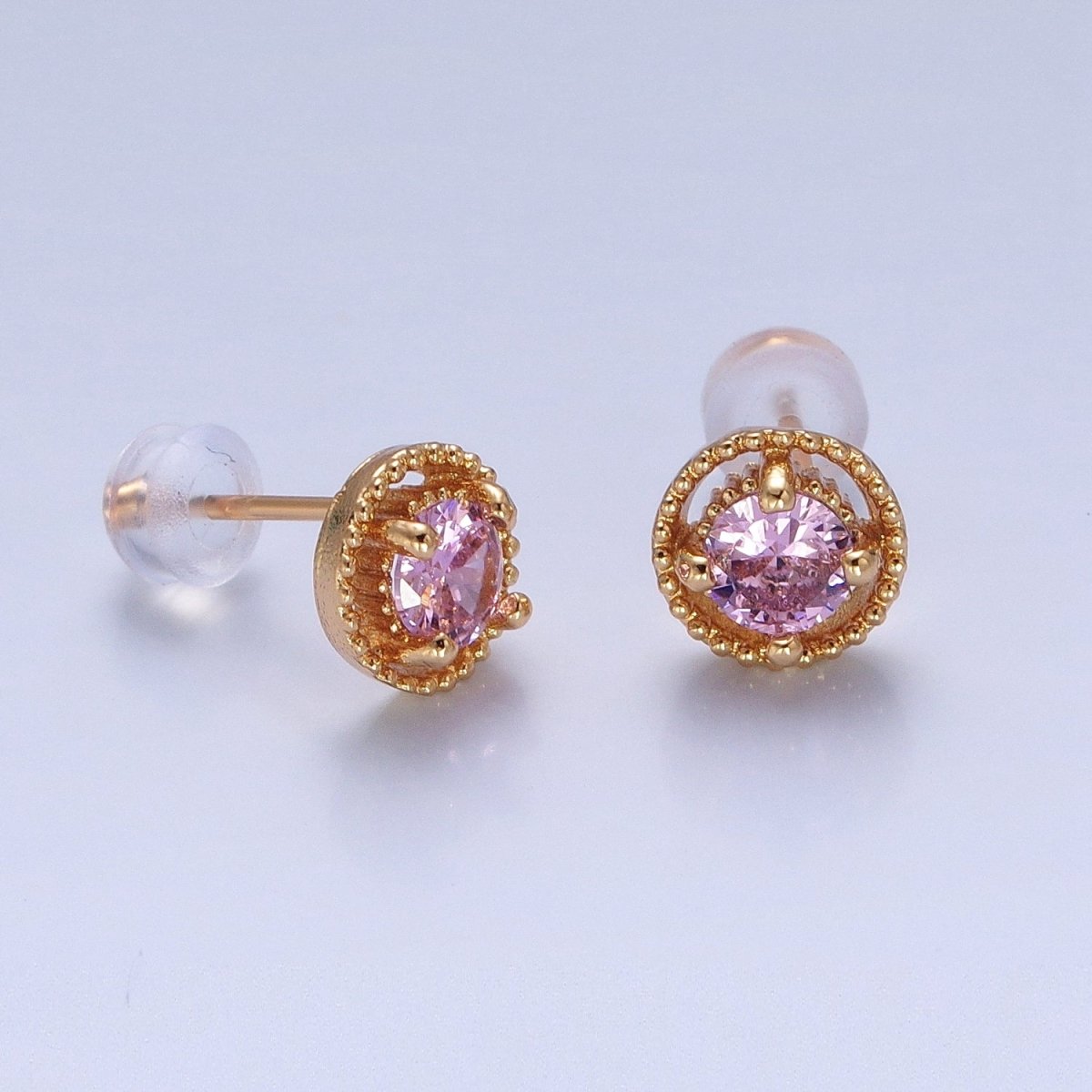 Minimalist 24K Gold Filled Multicolor Round Cubic Zirconia Stud Earrings, V423-V31 - DLUXCA