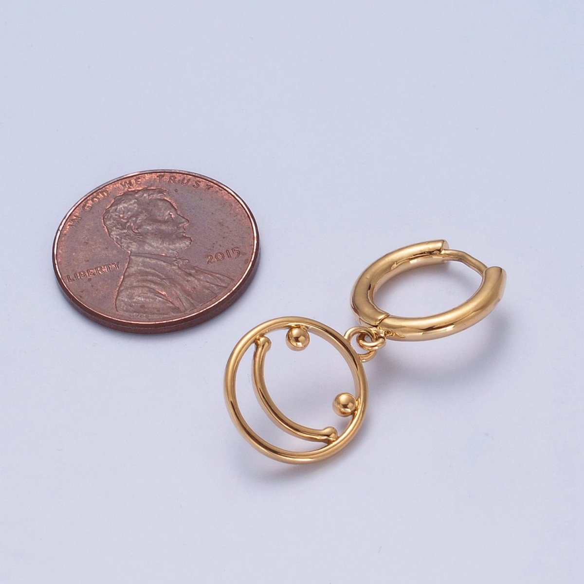 Minimalist 24K Gold Filled Open Smiley Face Charm Dangle Drop Huggie Hoop Earrings T-130 - DLUXCA