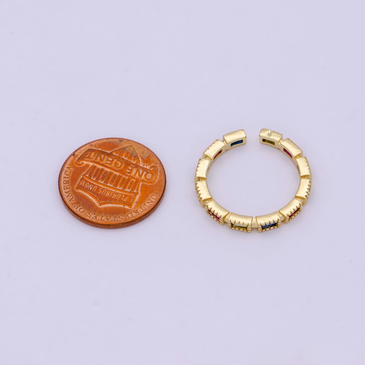 Minimalist 24K Gold Filled Rectangle Rainbow/Clear Crystal Zirconia CZ Adjustable Ring | U-390 U-391 - DLUXCA