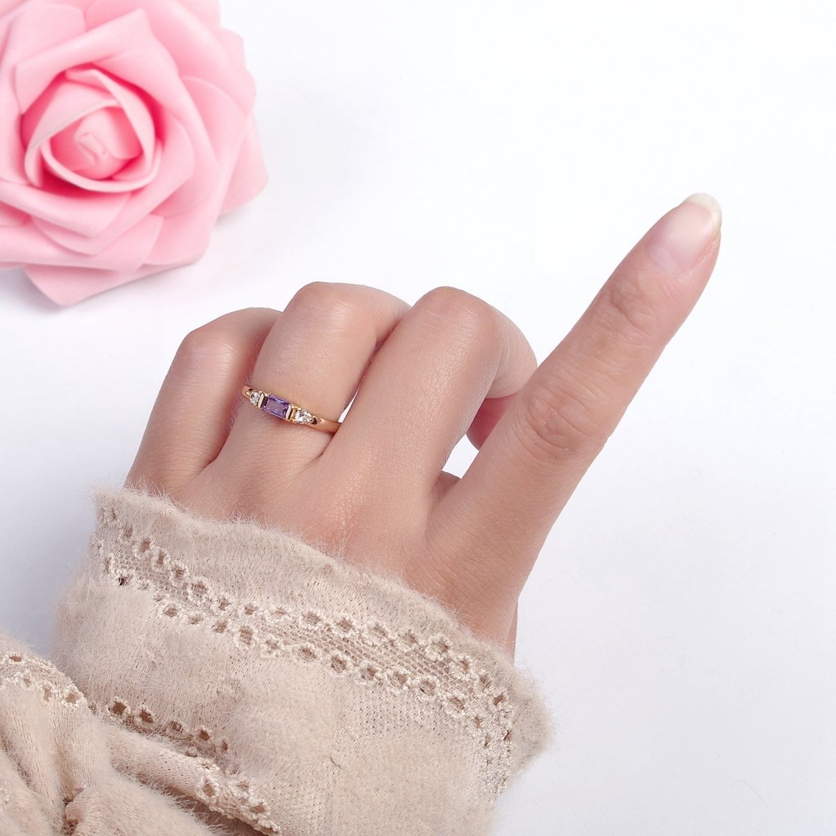 Minimalist Baguette Ring with Pink Purple Blue Clear Green Cz Stone Gold Band Adjustable ring O-2065 ~ O-2070 - DLUXCA