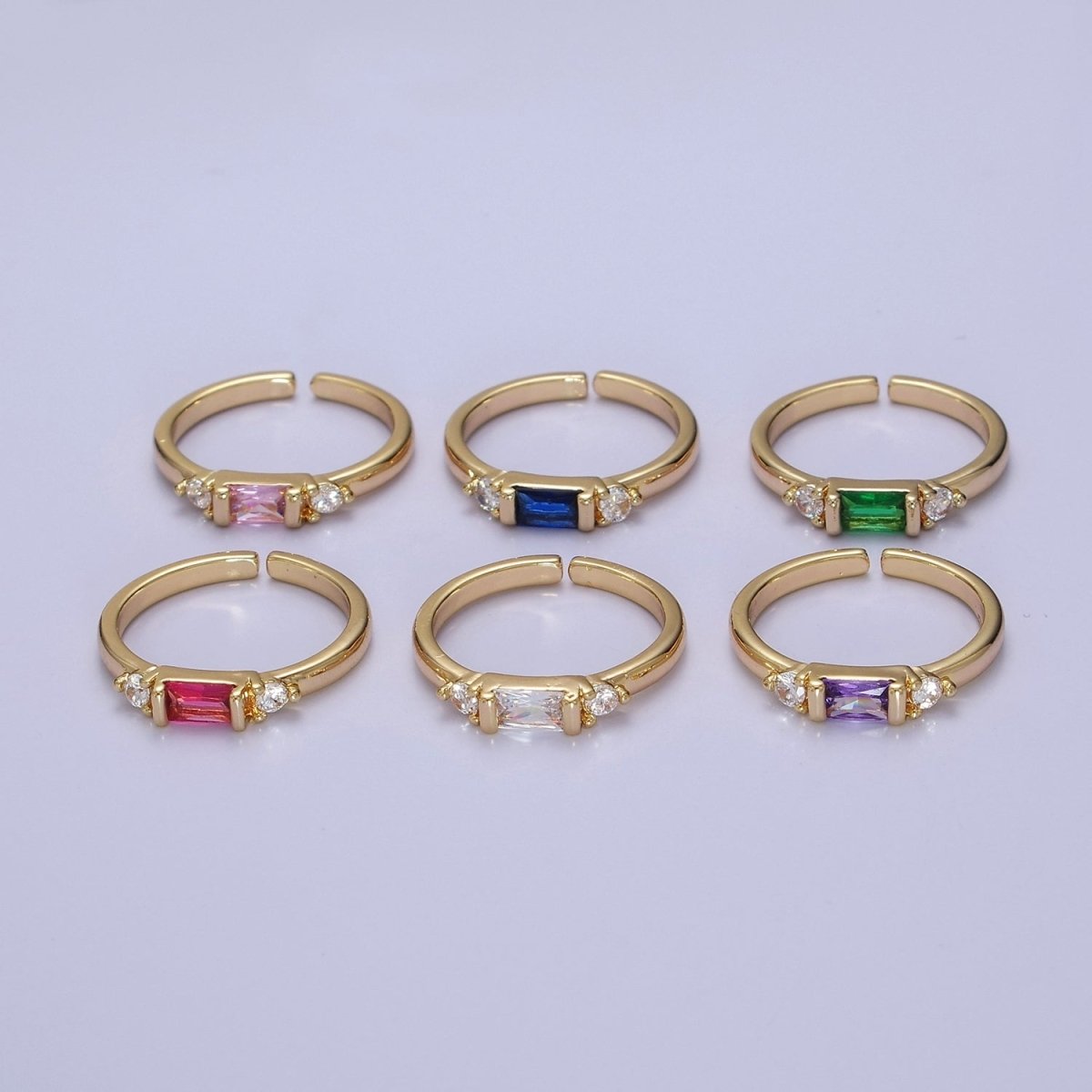 Minimalist Baguette Ring with Pink Purple Blue Clear Green Cz Stone Gold Band Adjustable ring O-2065 ~ O-2070 - DLUXCA