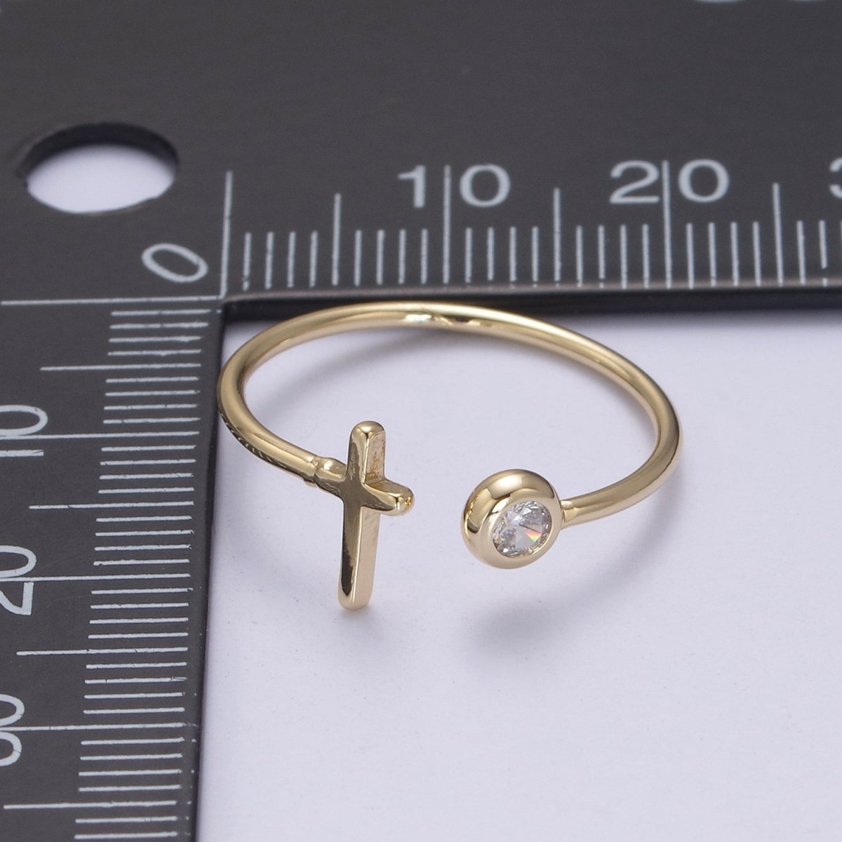 Minimalist Crystal Zirconia CZ, 16K Gold Filled Cross Open Adjustable Ring U-340 - DLUXCA