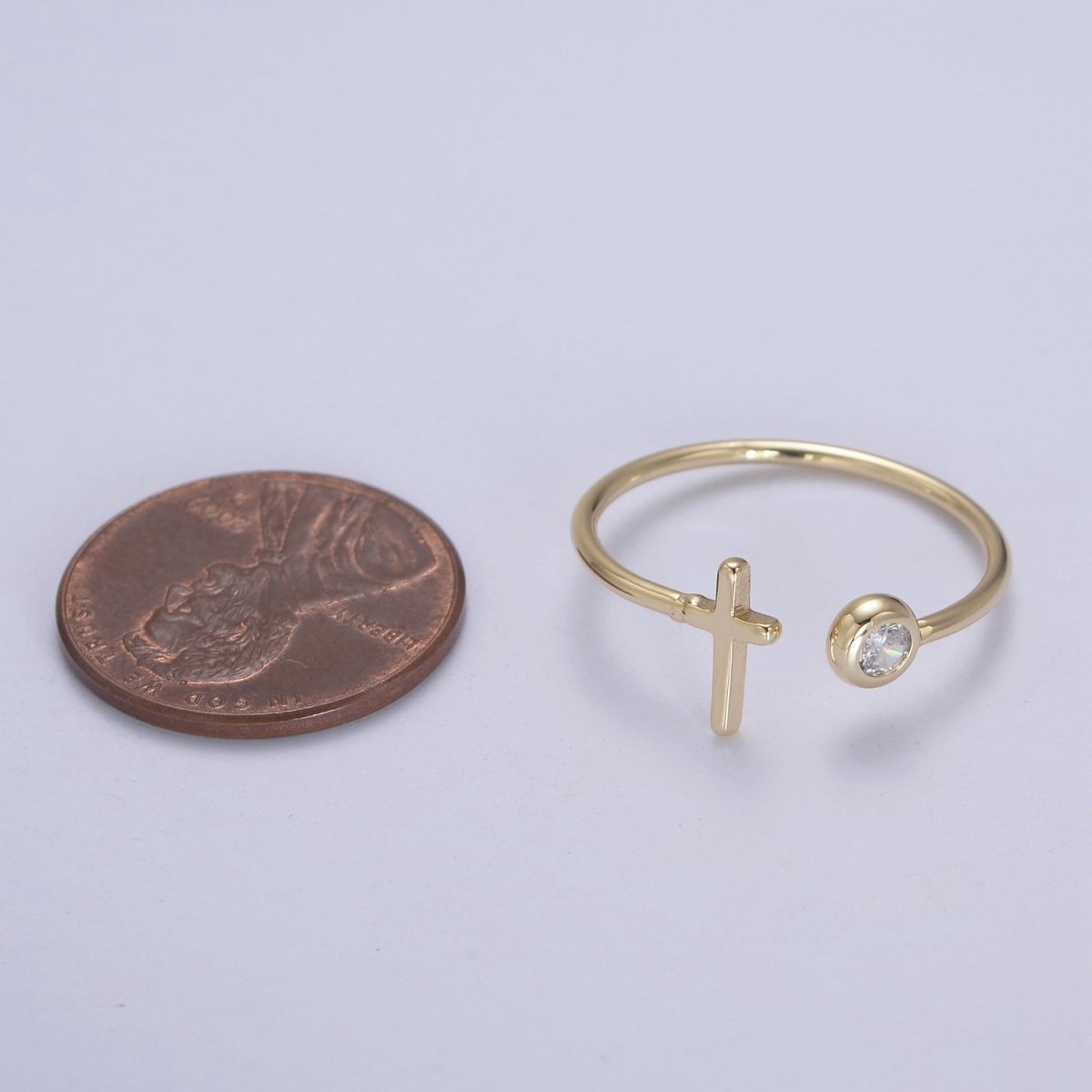Minimalist Crystal Zirconia CZ, 16K Gold Filled Cross Open Adjustable Ring U-340 - DLUXCA