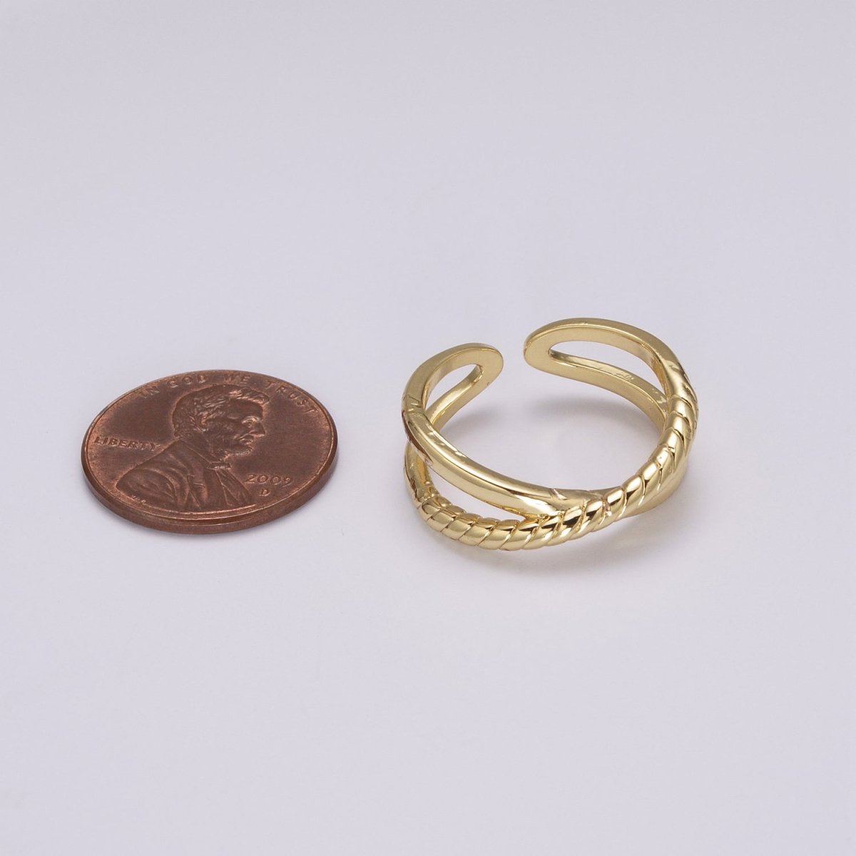 Minimalist Dainty Crossed X Twisted Rope Double Band Adjustable Gold Ring U-125 - DLUXCA