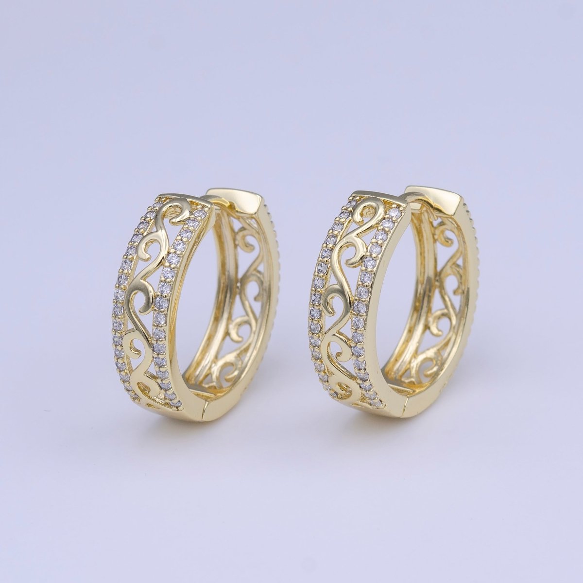 Minimalist Double Sided Micro Paved CZ Filigree Gold Huggie Hoops | Y-209 - DLUXCA