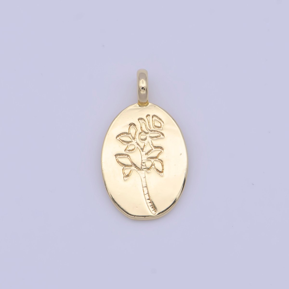 Minimalist Flower Plant Engraved Double Sided Gold Oval Charm | X-719 - DLUXCA
