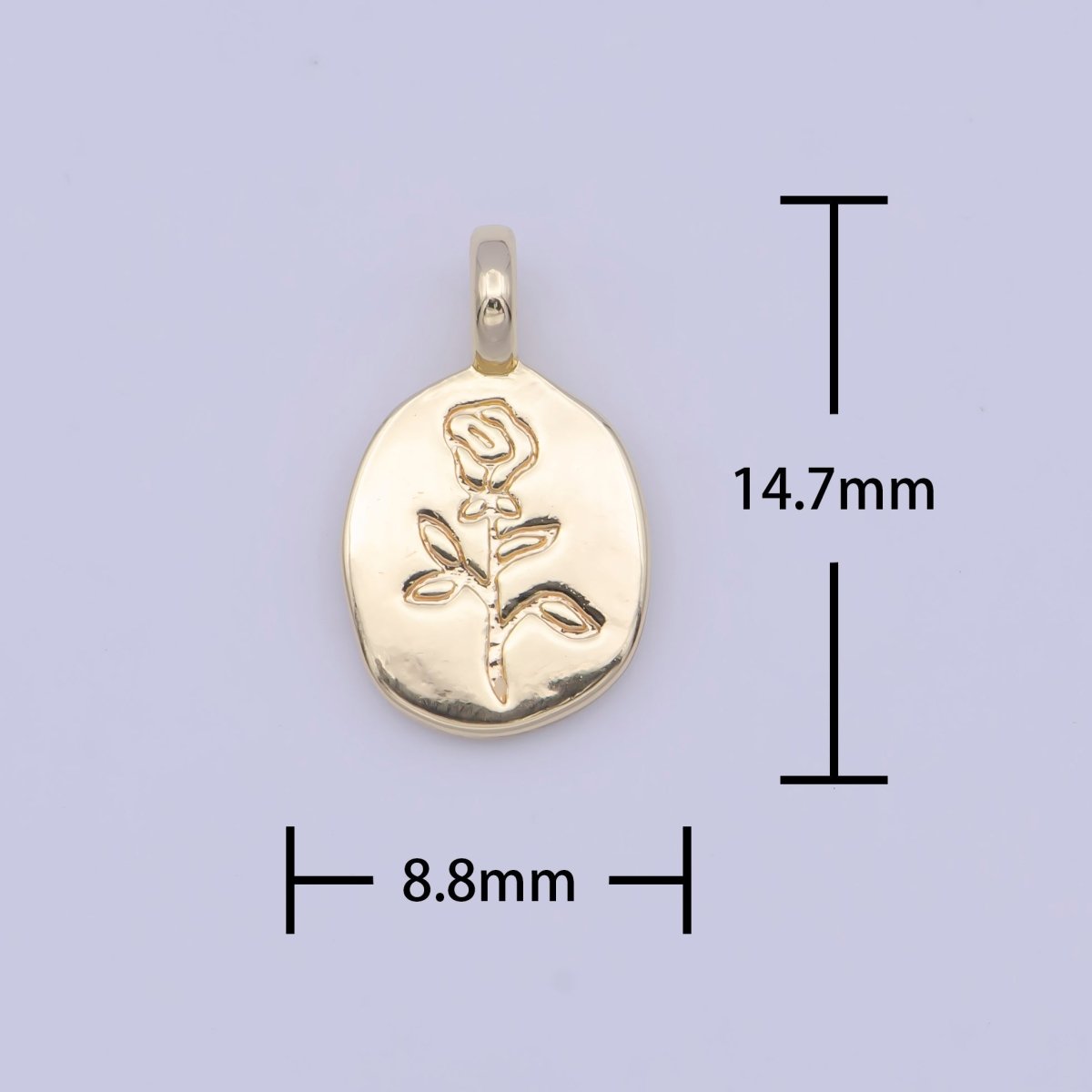 Minimalist Flower Rose Engraved Double Sided Gold Oval Charm | C-347 - DLUXCA