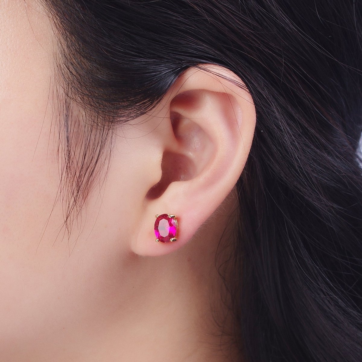 Minimalist Fuchsia Oval Cubic Zirconia Gold Stud Earrings | X-927 - DLUXCA