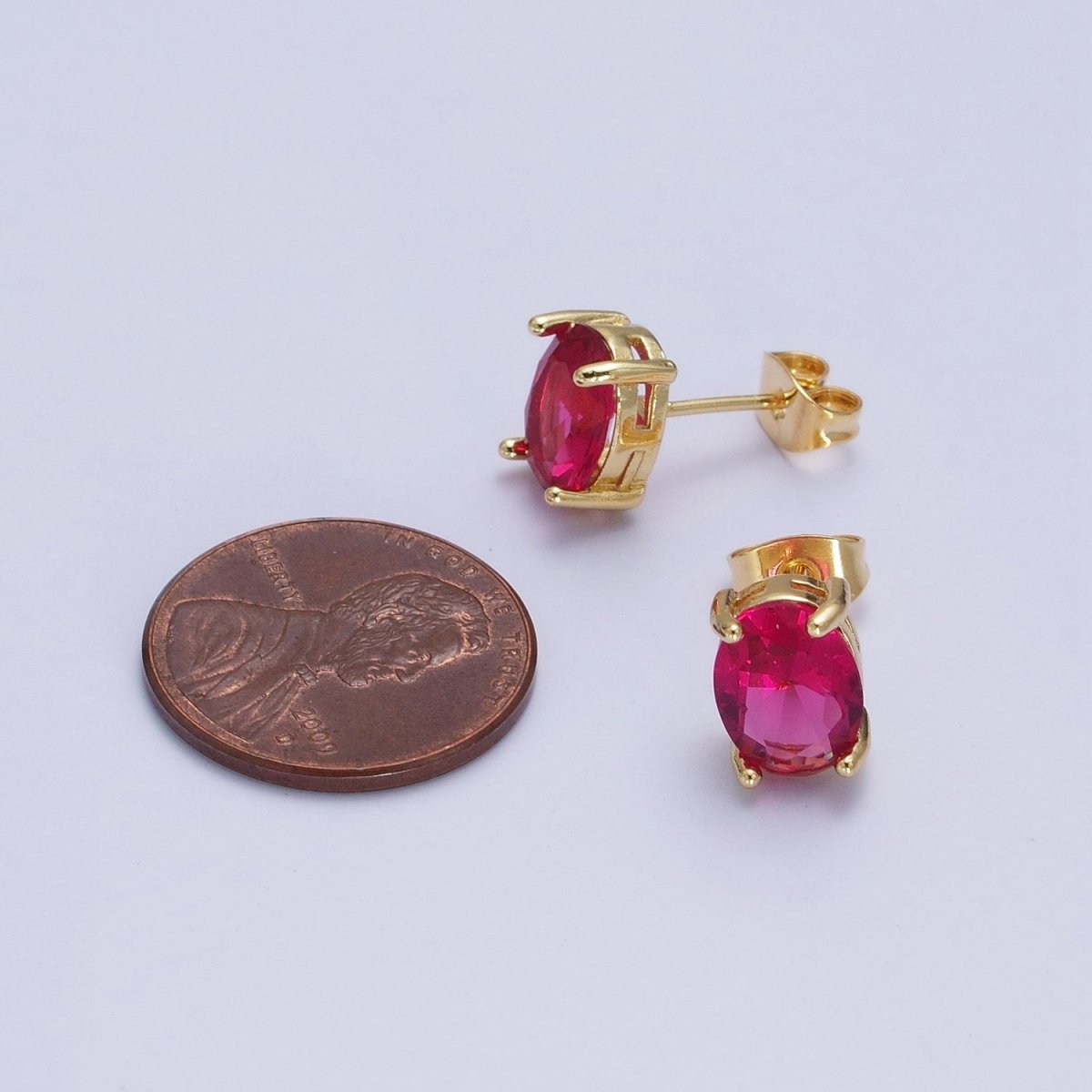 Minimalist Fuchsia Oval Cubic Zirconia Gold Stud Earrings | X-927 - DLUXCA