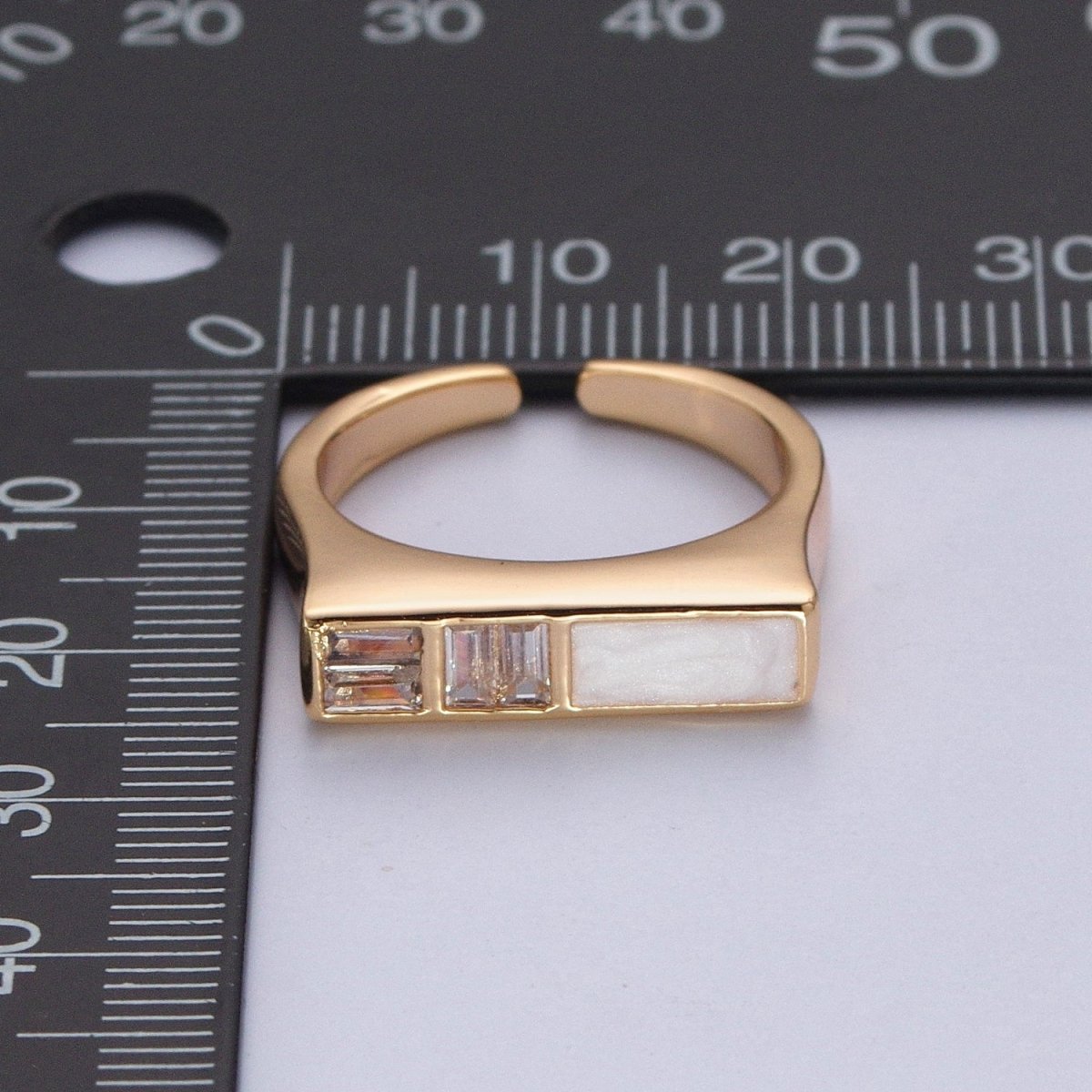 Minimalist Gold Baguette Cubic Zirconia Baguette & Enamel Flat Bar Adjustable Ring O-327 O-350 - DLUXCA