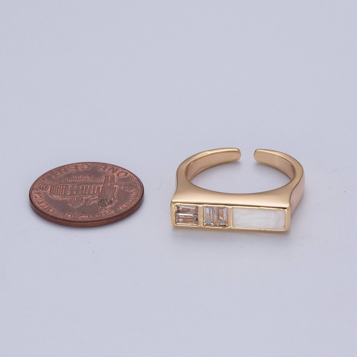 Minimalist Gold Baguette Cubic Zirconia Baguette & Enamel Flat Bar Adjustable Ring O-327 O-350 - DLUXCA