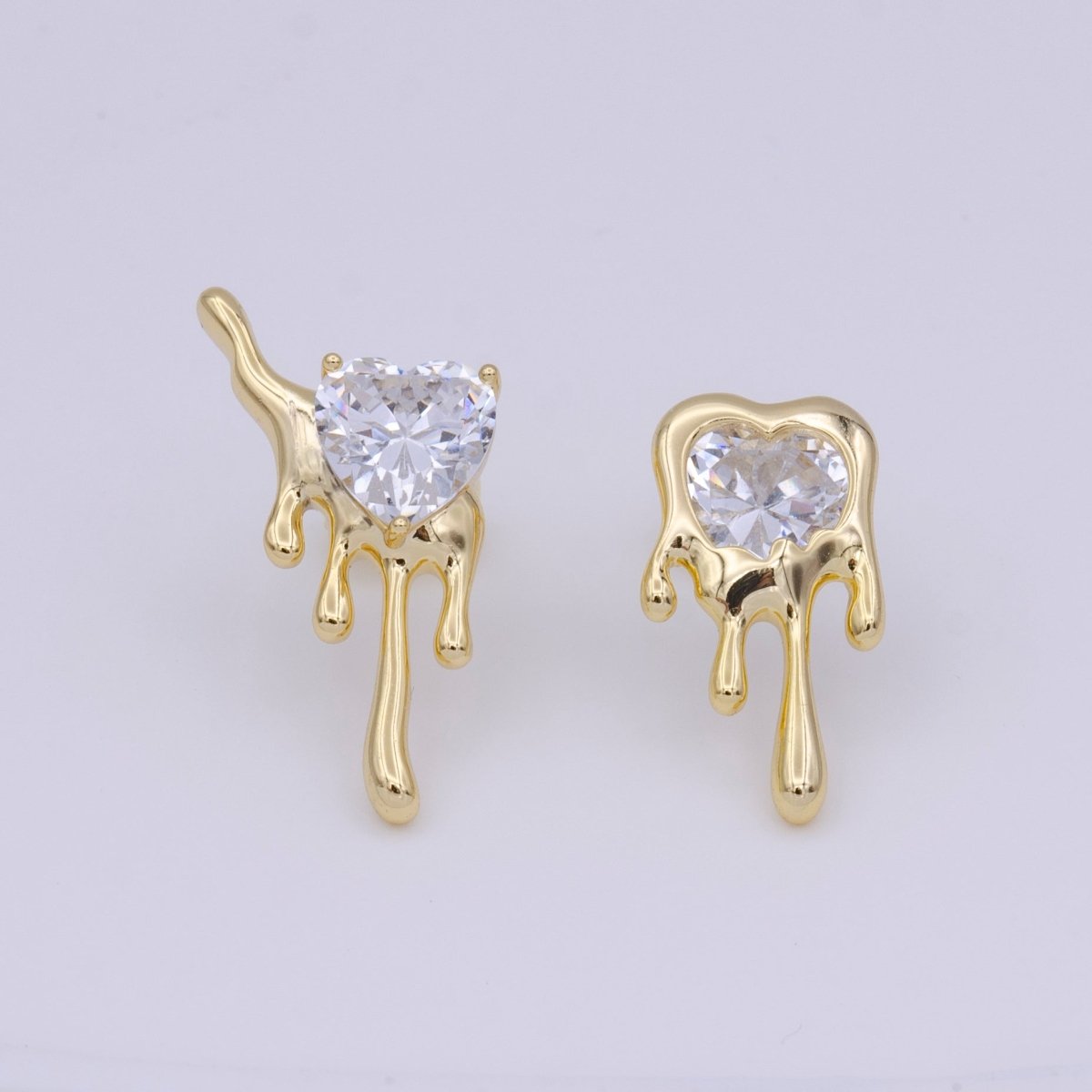 Minimalist Gold Dripping Heart Clear CZ Stud Earrings | Y-282 - DLUXCA