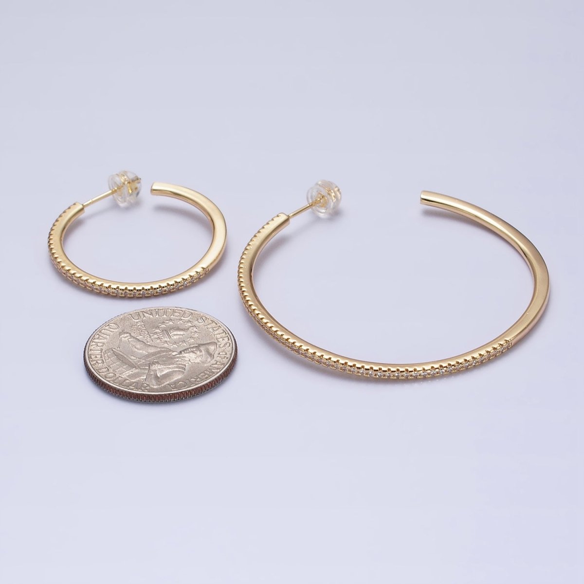 Minimalist Gold Hoop Earring with Micro Pave CZ Stone in Gold, Silver AB471 AB472 AB742 AB747 - DLUXCA