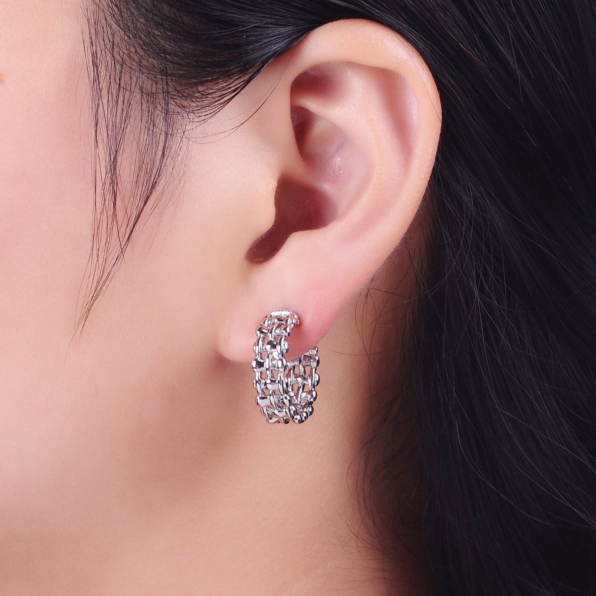 Minimalist Gold, Silver Bubble Wide 20mm C-Shaped Stud Hoop Earrings | Y-183 Y-184 - DLUXCA