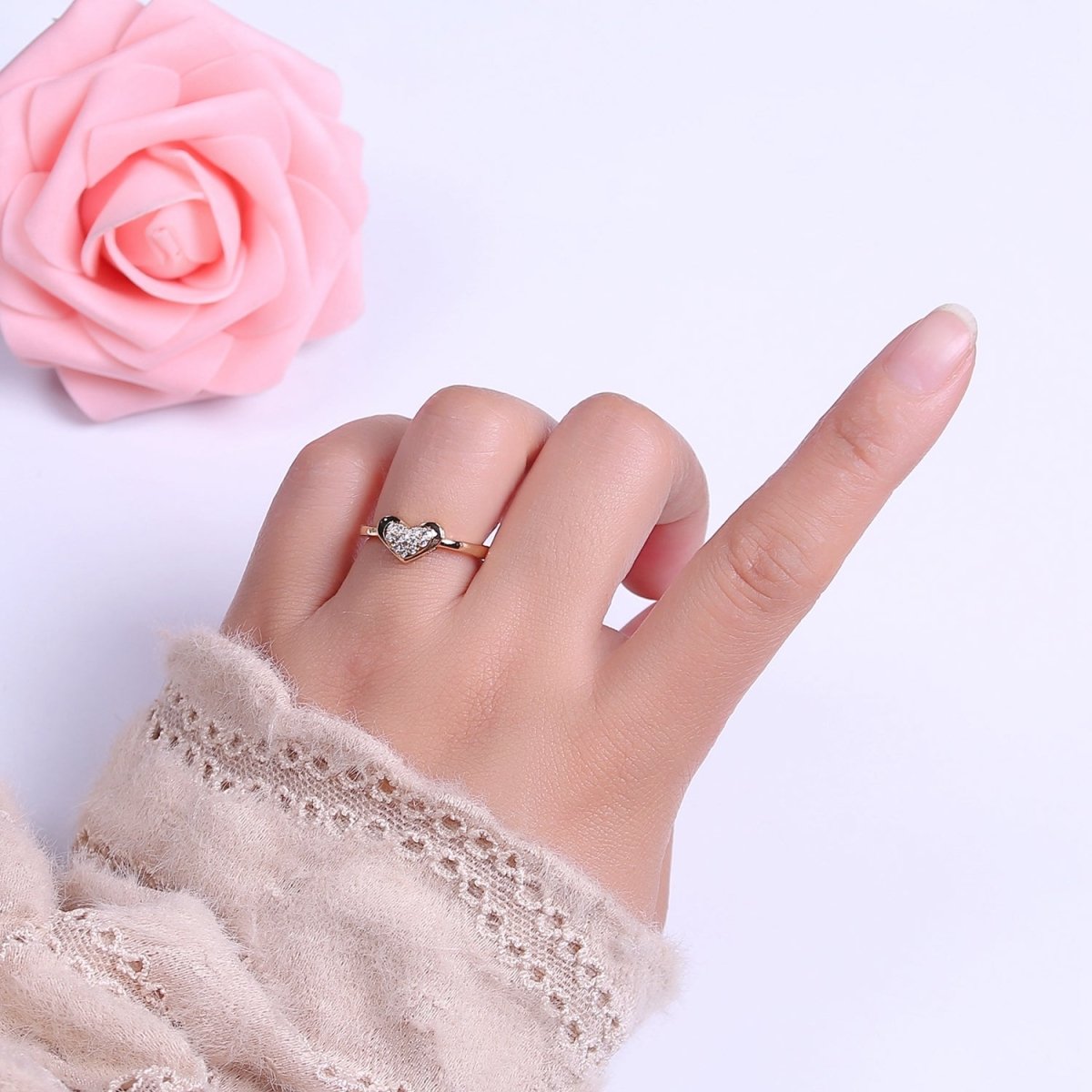 Minimalist Heart Ring, Gold Filled Stacking Ring, CZ Heart Ring Open Adjustable S-531 - DLUXCA