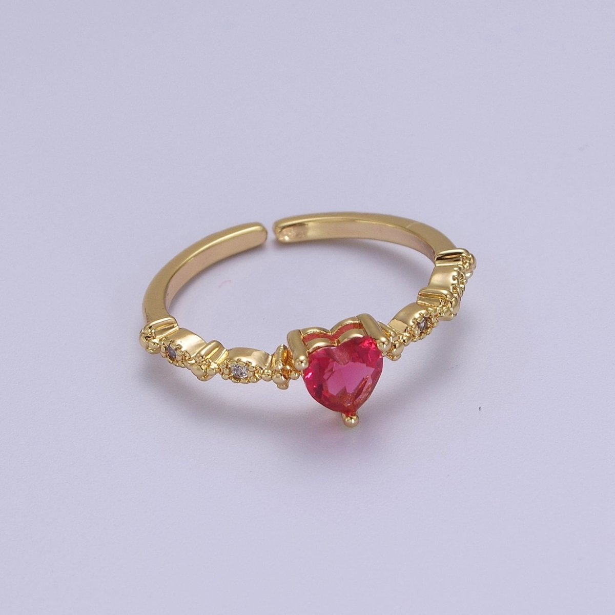 Minimalist Heart Ring, Gold Filled Stacking Ring, Pink CZ Heart Ring Open Adjustable O-2033 - DLUXCA