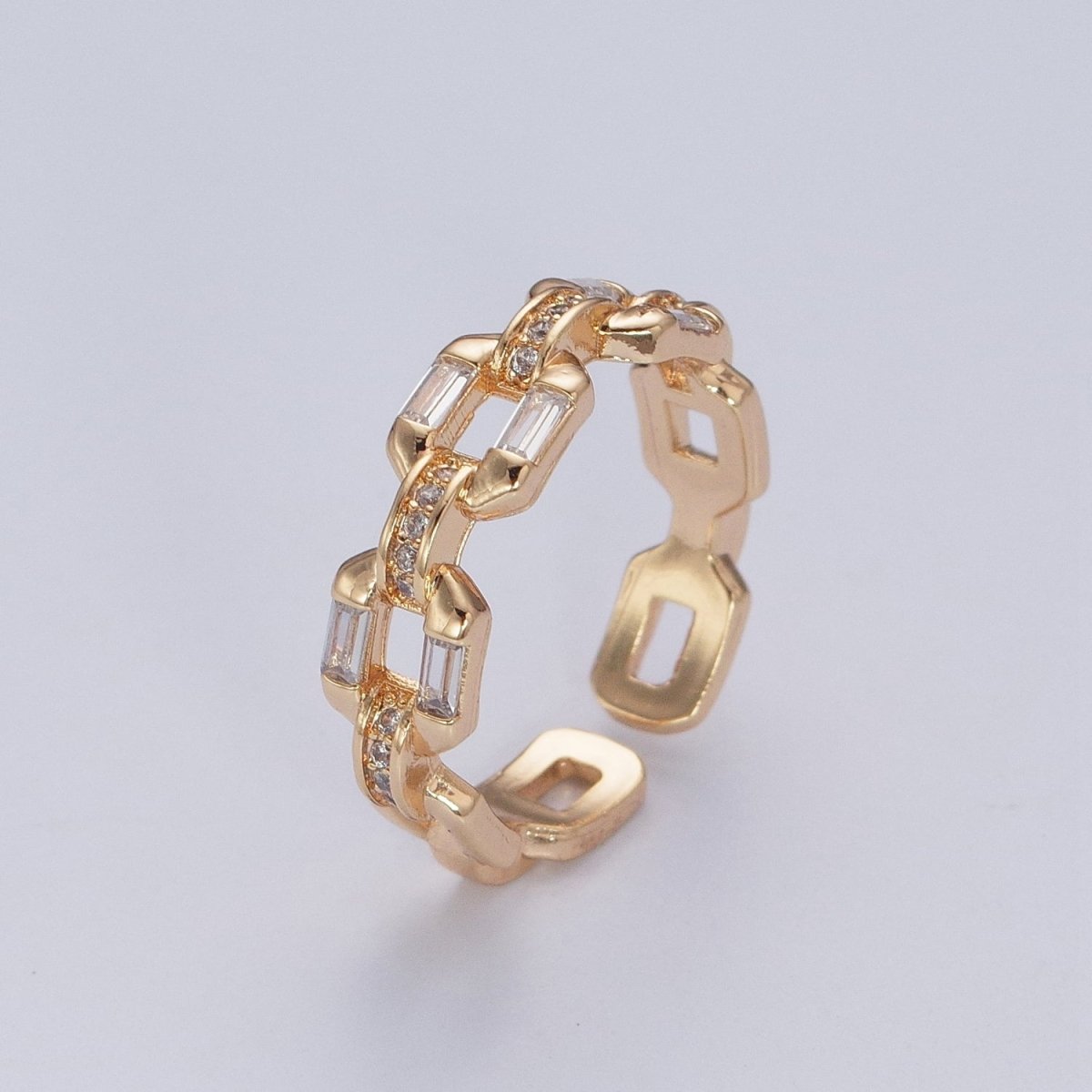 Minimalist Micro Pave Cable Chain Link Baguette Cubic Zirconia Unique Boxy Gold Adjustable Ring R-522 - DLUXCA