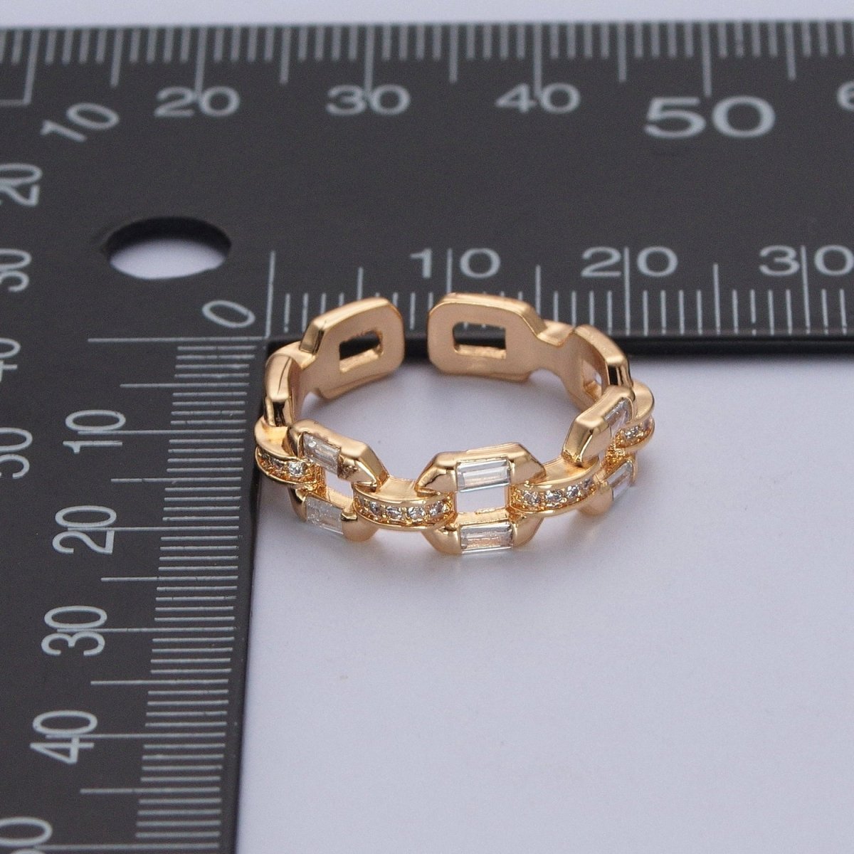 Minimalist Micro Pave Cable Chain Link Baguette Cubic Zirconia Unique Boxy Gold Adjustable Ring R-522 - DLUXCA