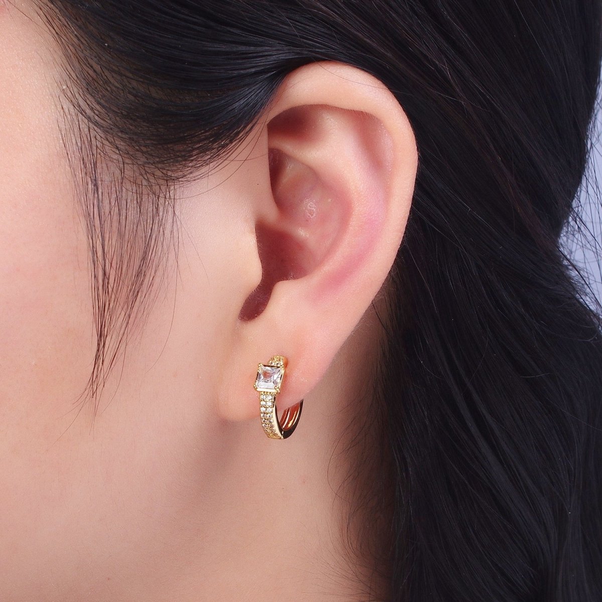 Minimalist Micro Paved Baguette Cubic Zirconia 14mm Gold Huggie Hoops Earrings | Y-026 - DLUXCA