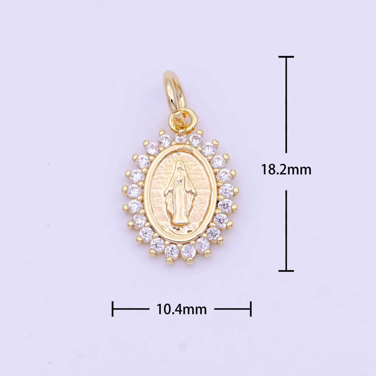 Minimalist Micro Paved CZ Miraculous Lady Religious Gold Oval Charm | D-570 - DLUXCA