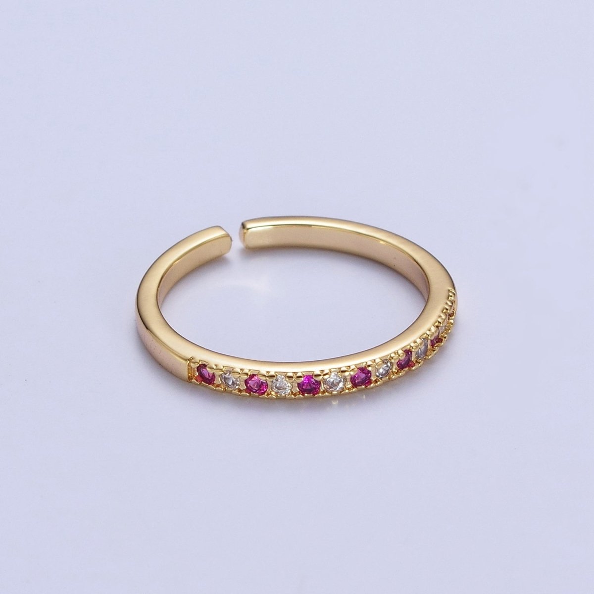 Minimalist Micro Paved Fuchsia & Clear Cubic Zirconia Adjustable Stacking Ring | X-560 - DLUXCA