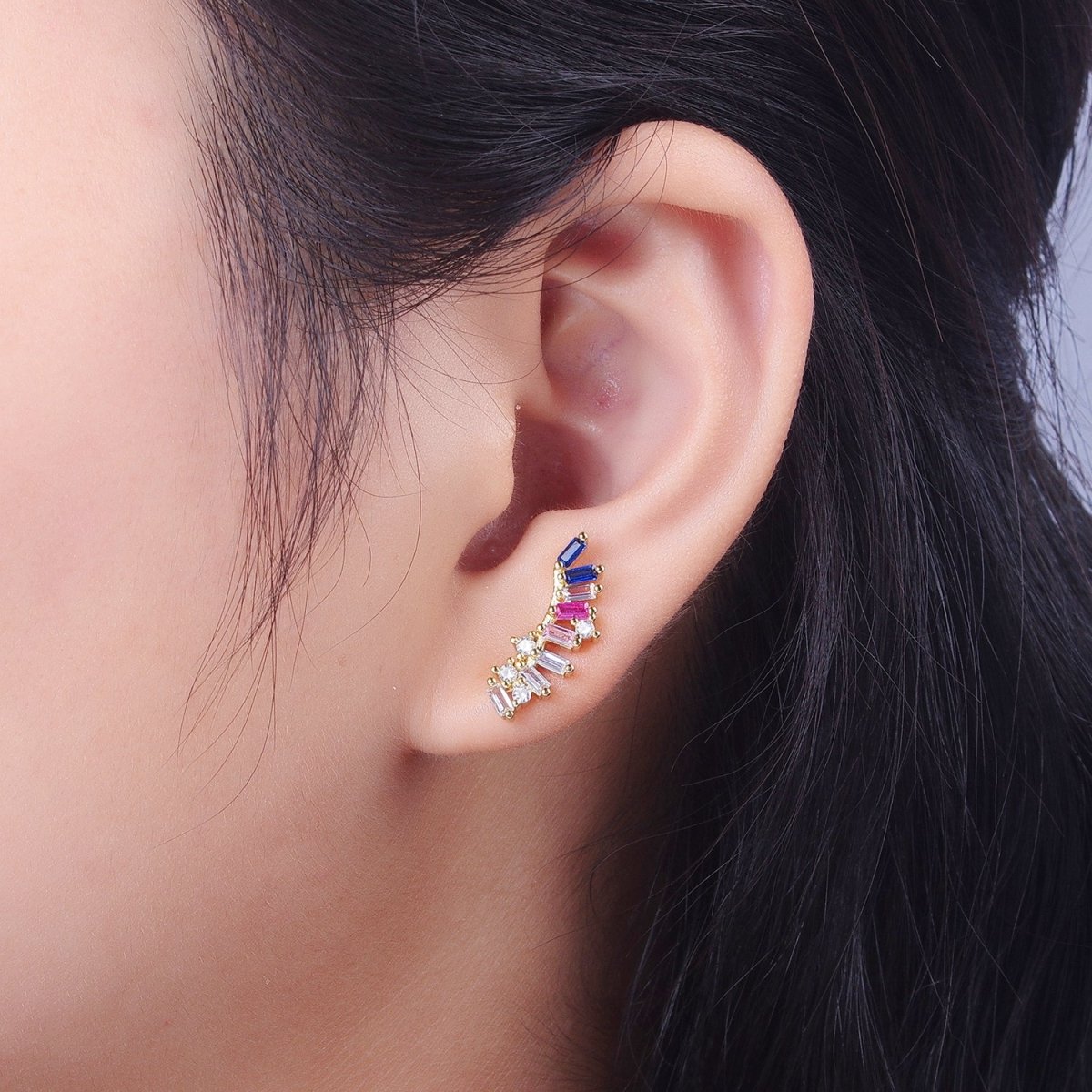 Minimalist Multicolor Baguette Geometric Shooting Star Gold Stud Earrings | Y-271 - DLUXCA