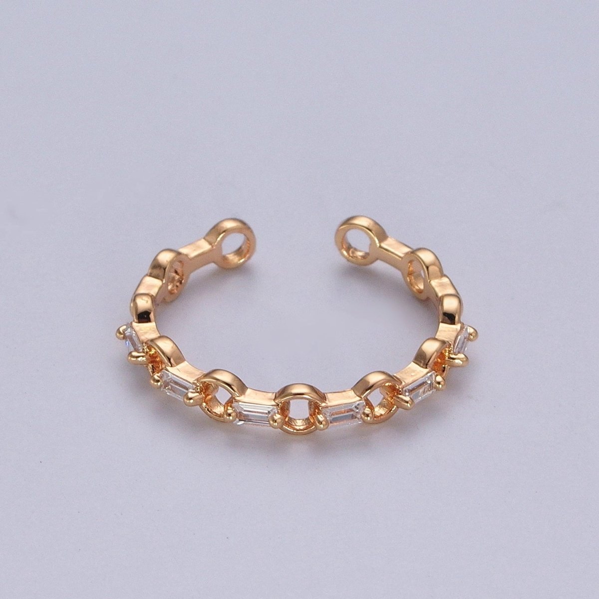 Minimalist Rolo Chain Link & Clear Baguette Cubic Zirconia Gold Adjustable Ring R-510 - DLUXCA