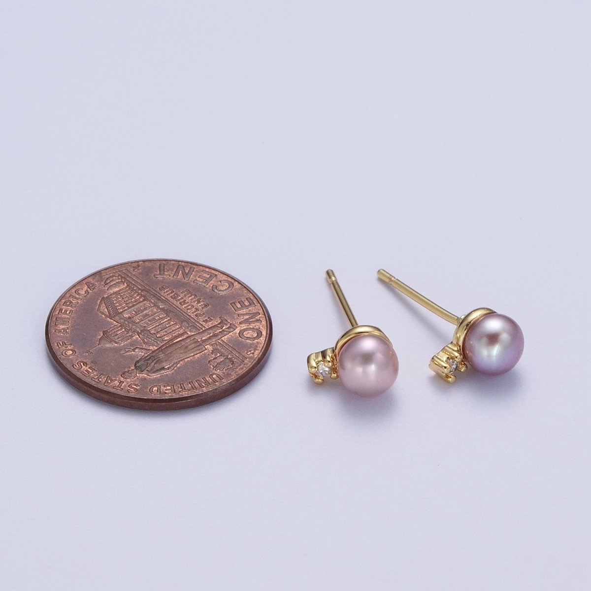 Minimalist Round Purple Shell Pearl Cubic Zirconia Gold Stud Earrings, Gift For Her | Y-040 - DLUXCA