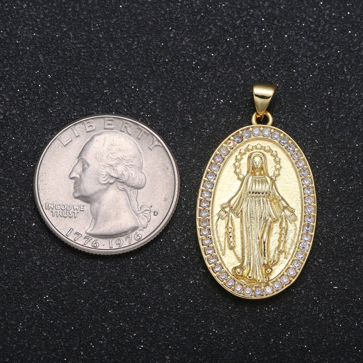 Miraculous Lady Coin Charm CZ Holy Virgin Mary Catholic Symbol Micro Pave Charm Pendant GP-015 - DLUXCA