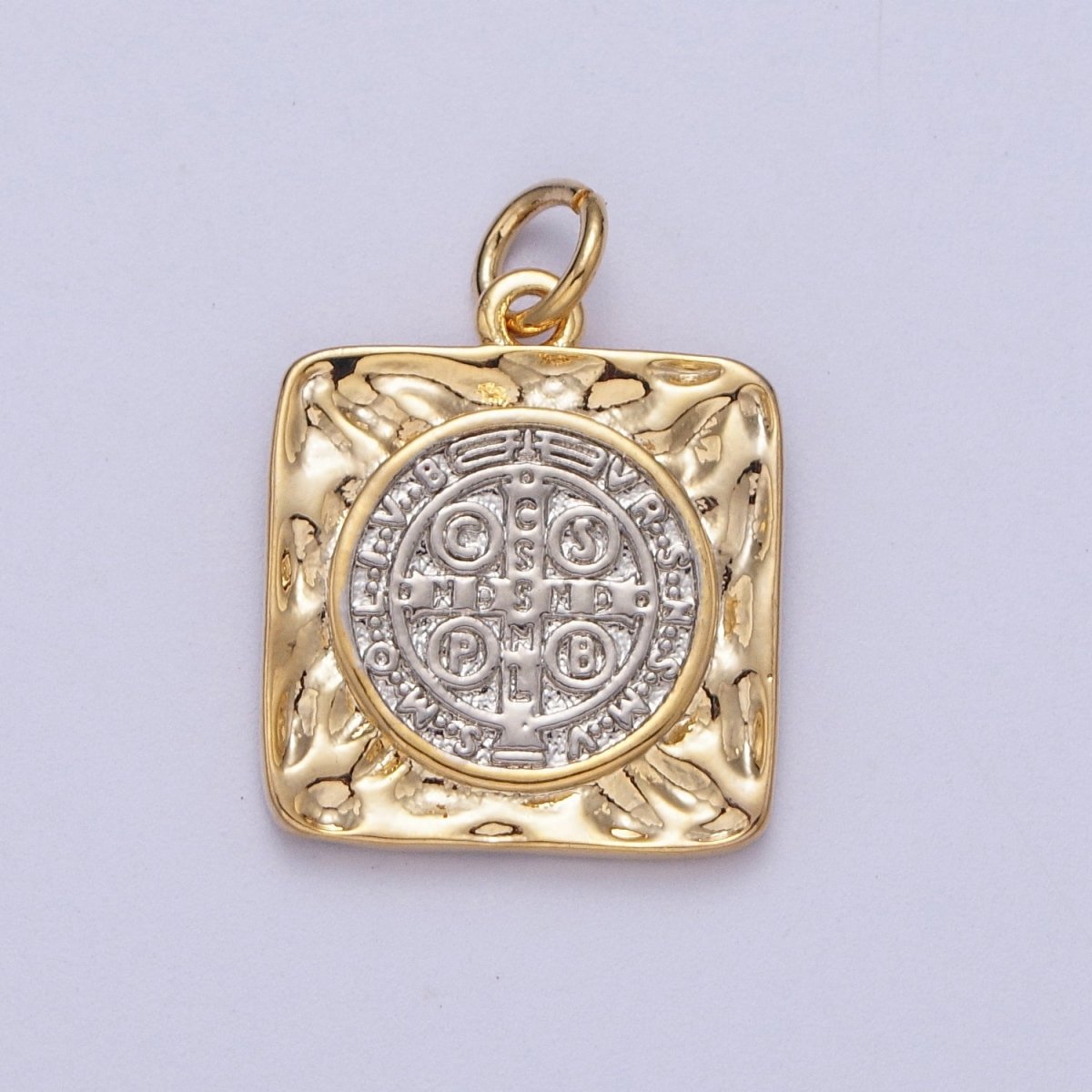 Mixed Metal Double Sided Saint Benedict SMQLIVB PAX VRSNSMV Hammered Square Charm | AC025 - DLUXCA
