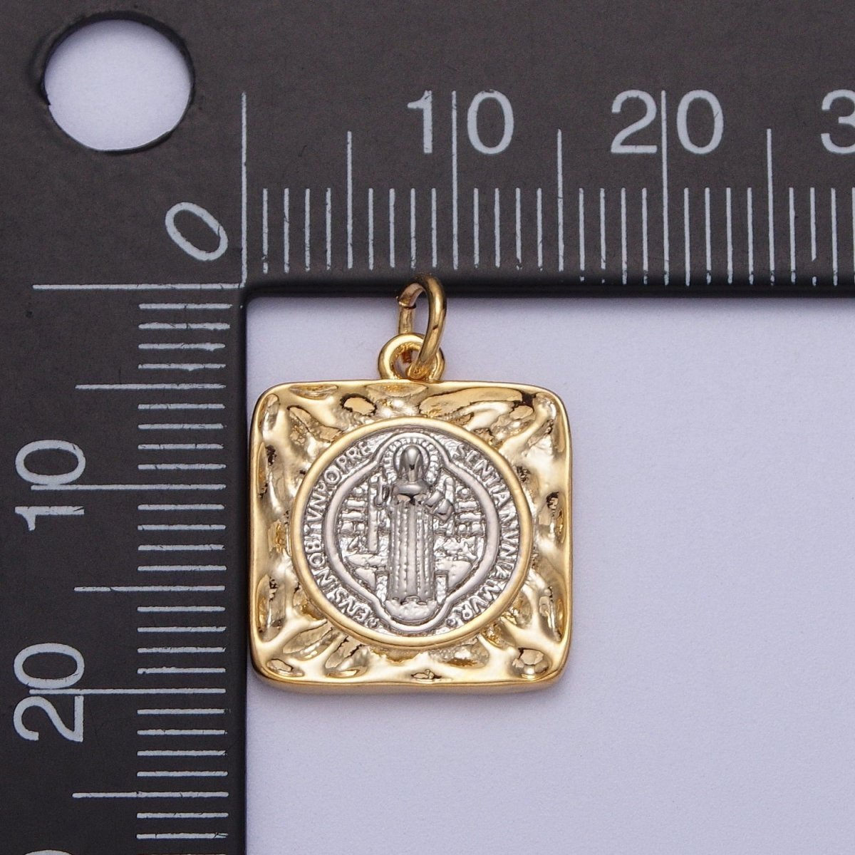 Mixed Metal Double Sided Saint Benedict SMQLIVB PAX VRSNSMV Hammered Square Charm | AC025 - DLUXCA