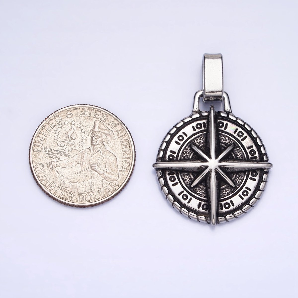 Mixed Metal, Silver Stainless Steel North Star Compass Round Pendant | P-1091 P-1092 - DLUXCA