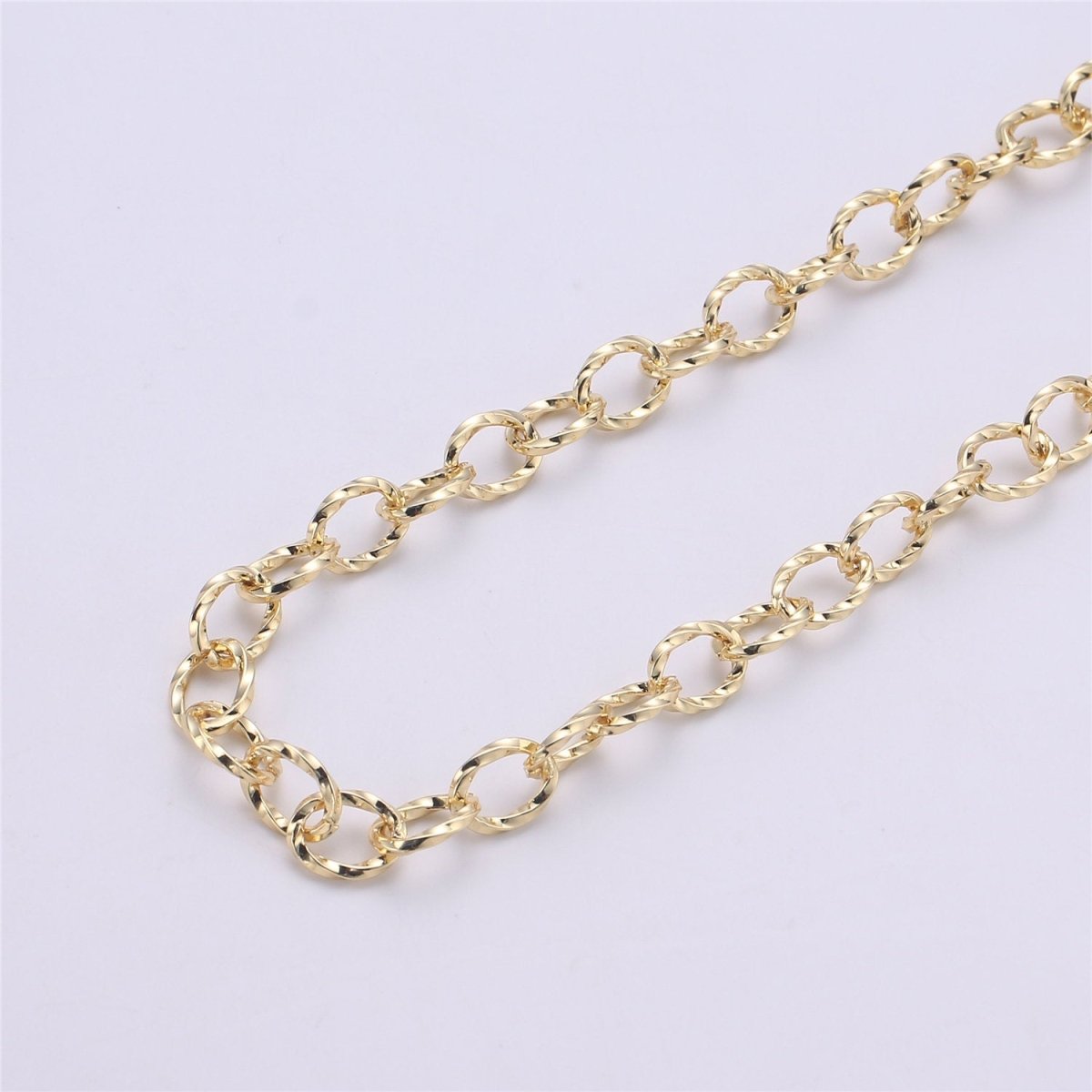 Modern Cable Chain By Yard, Nickel Free, 1 Yard 10X8mm Link, 24K Gold Filled Brass, Thick Oval Link Chain, Textured UNIQUE ROLO Chain | ROLL-074 Clearance Pricing - DLUXCA