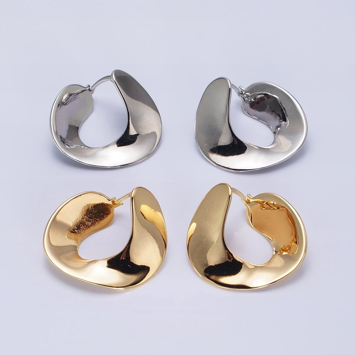 Modern Gold, Silver Geometric Abstract Spiral Wide Thin Band Hoop Geometric Earrings | AB639 AB640 - DLUXCA