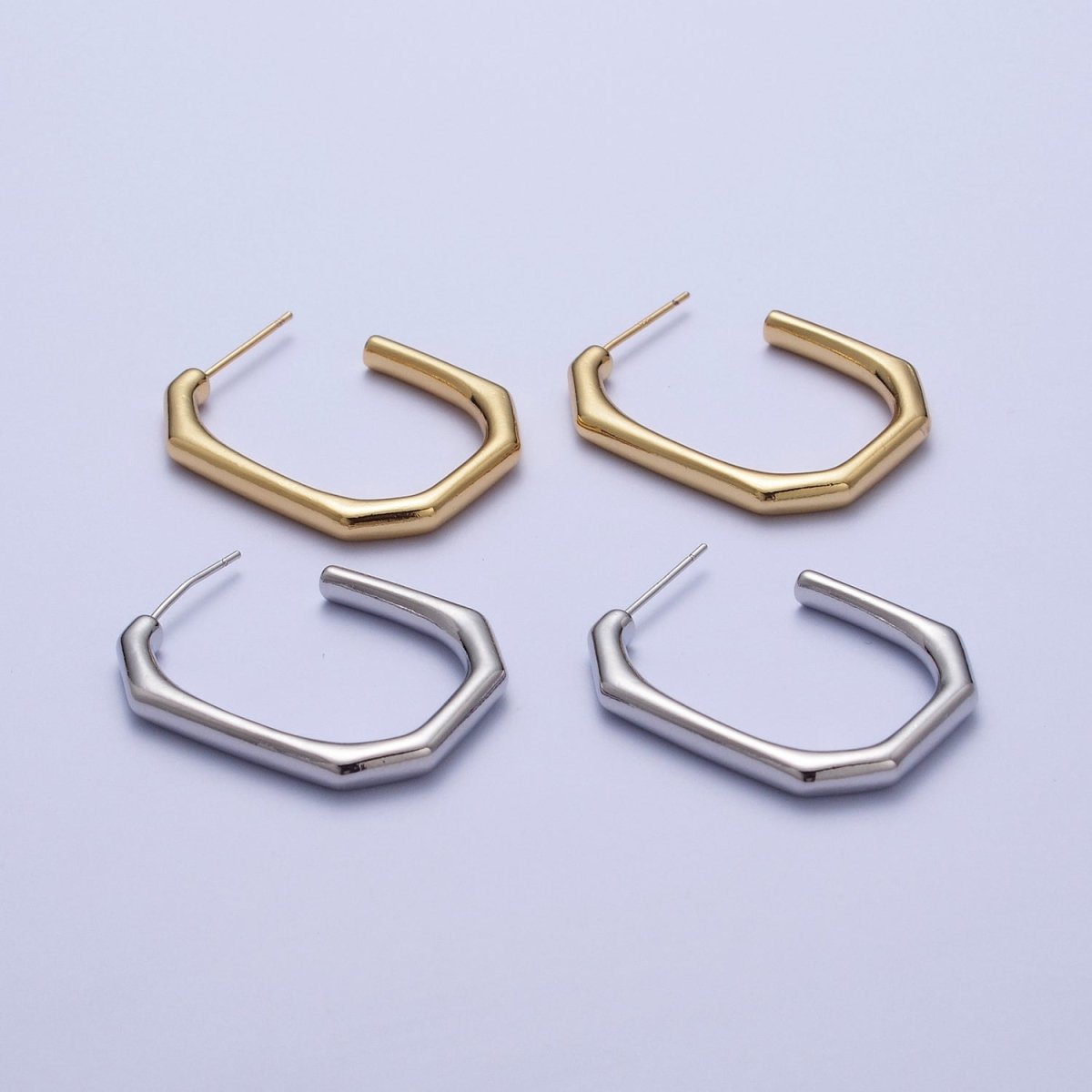 Modern Minimalist Geometric Hexagonal Post Studs J Shaped Hoops Earrings in Gold & Silver | AE1097 AE1098 - DLUXCA