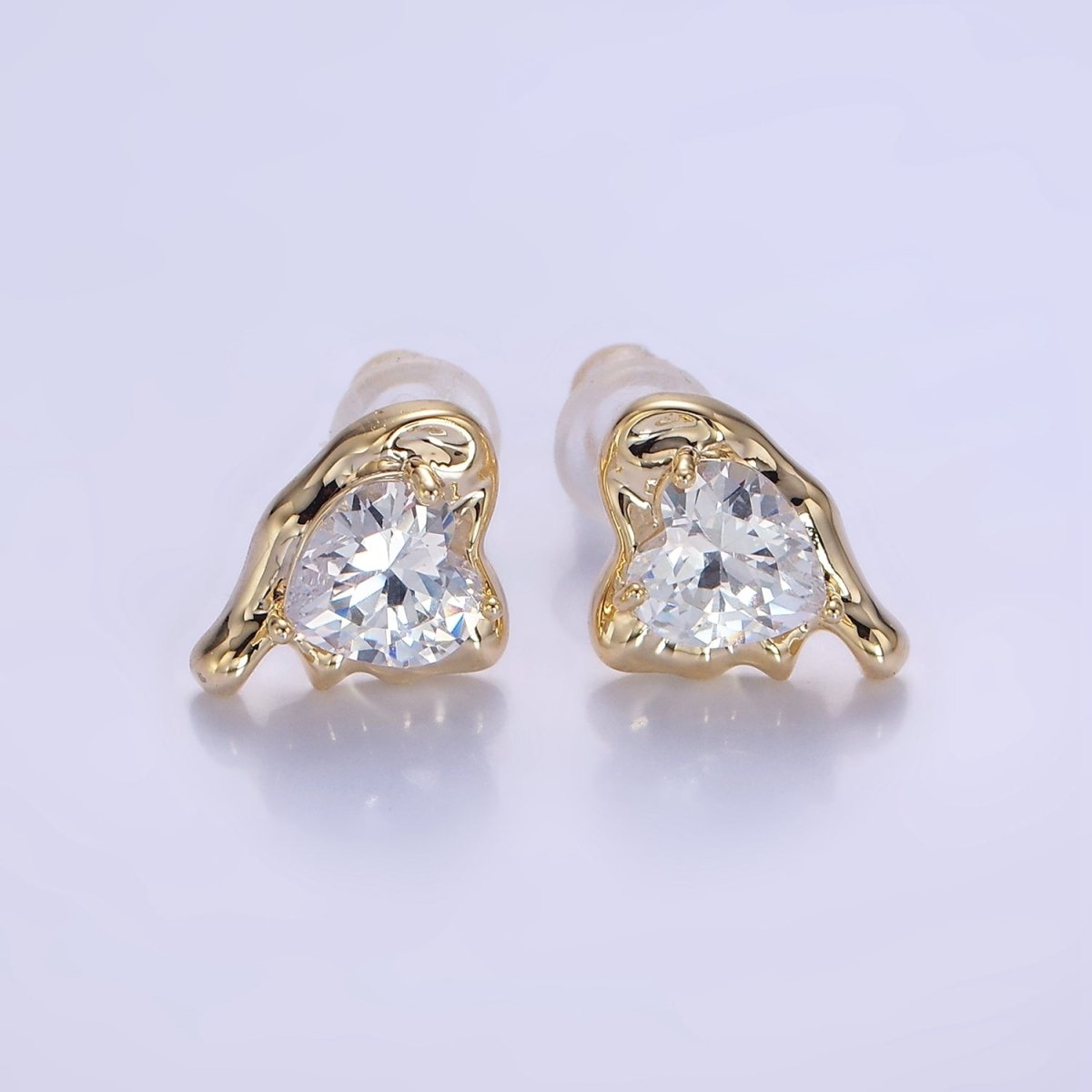 Molten Heart CZ Stud Earrings in Gold & Silver | V506 V507 - DLUXCA