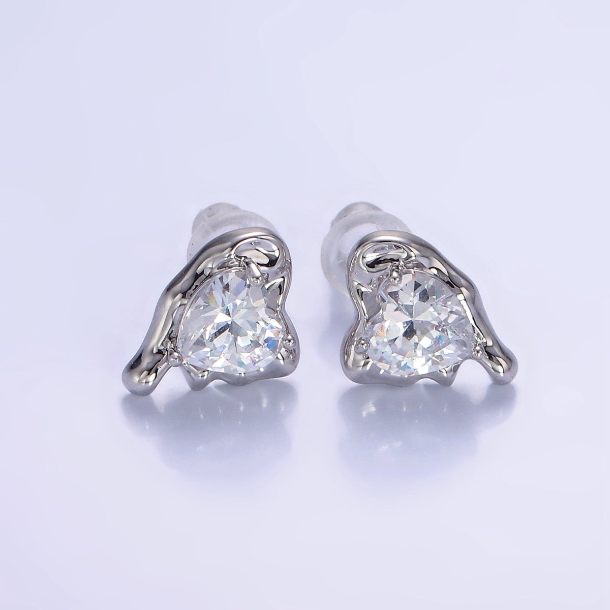 Molten Heart CZ Stud Earrings in Gold & Silver | V506 V507 - DLUXCA
