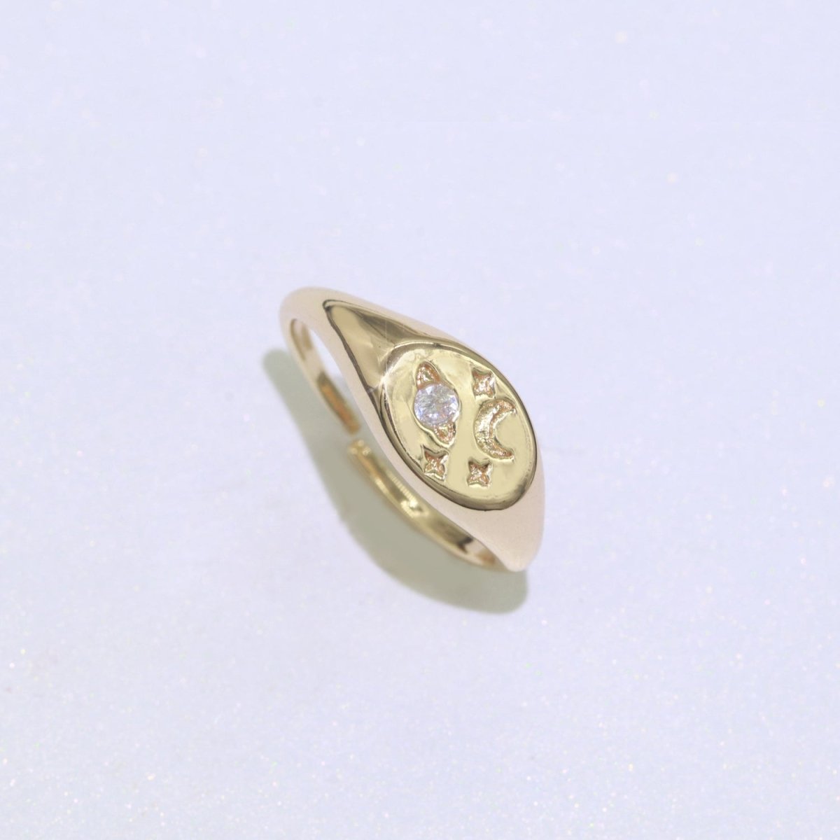 Moon Star CZ Paved Starburst Constellation Star Signet Ring, Minimalist Signet Polaris Ring, Celestial Ring O-447 - DLUXCA