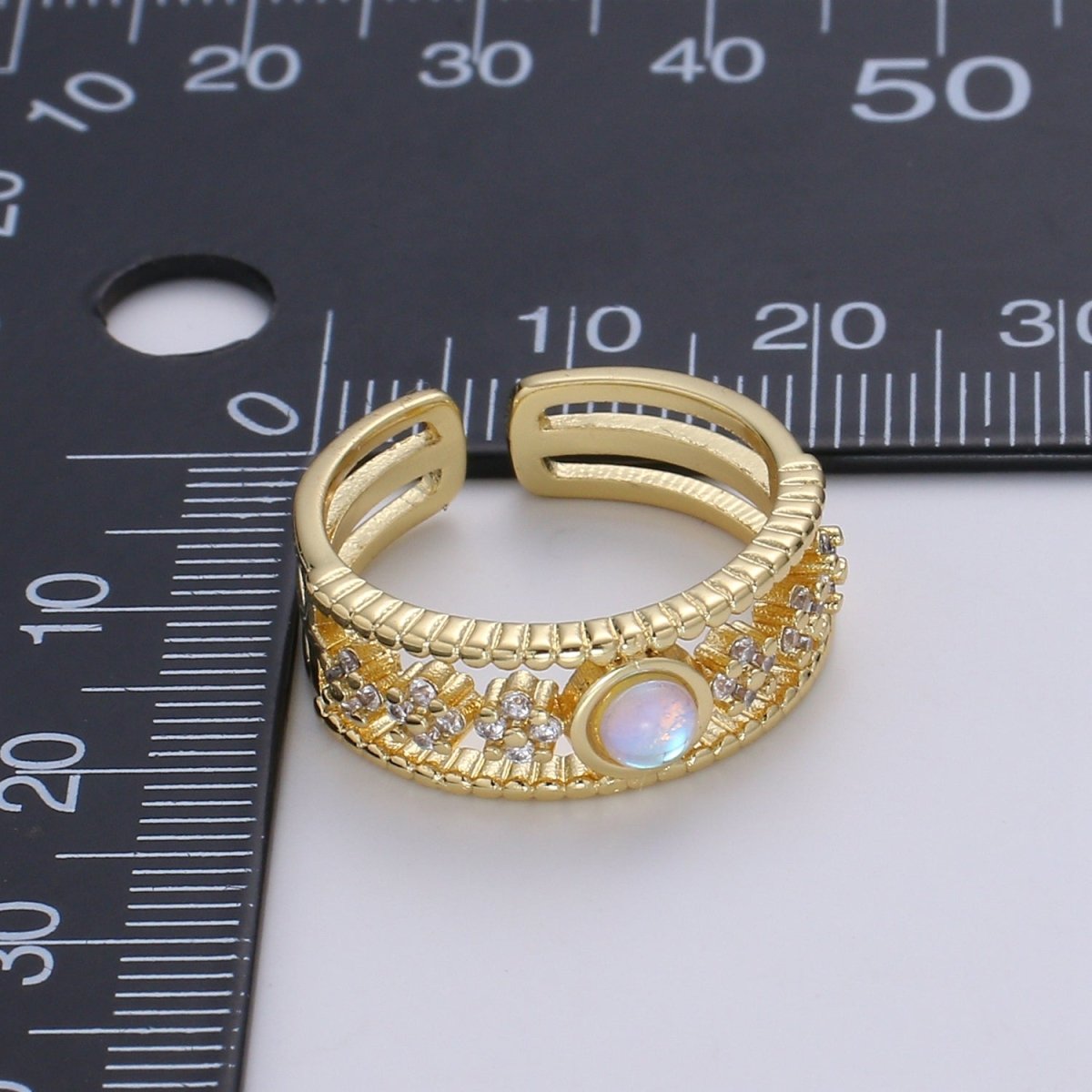 Moonstone Ring 24K Gold Ring, Cubic Zirconia Adjustable Gold Ring, Simple Ring, Sun Celestial Clear Cubic Zirconia Ring R531 - DLUXCA