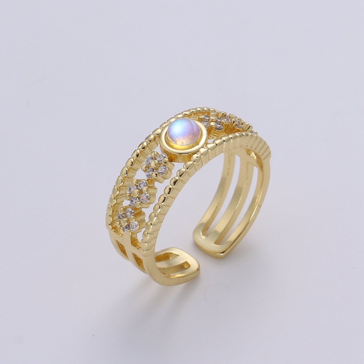 Moonstone Ring 24K Gold Ring, Cubic Zirconia Adjustable Gold Ring, Simple Ring, Sun Celestial Clear Cubic Zirconia Ring R531 - DLUXCA